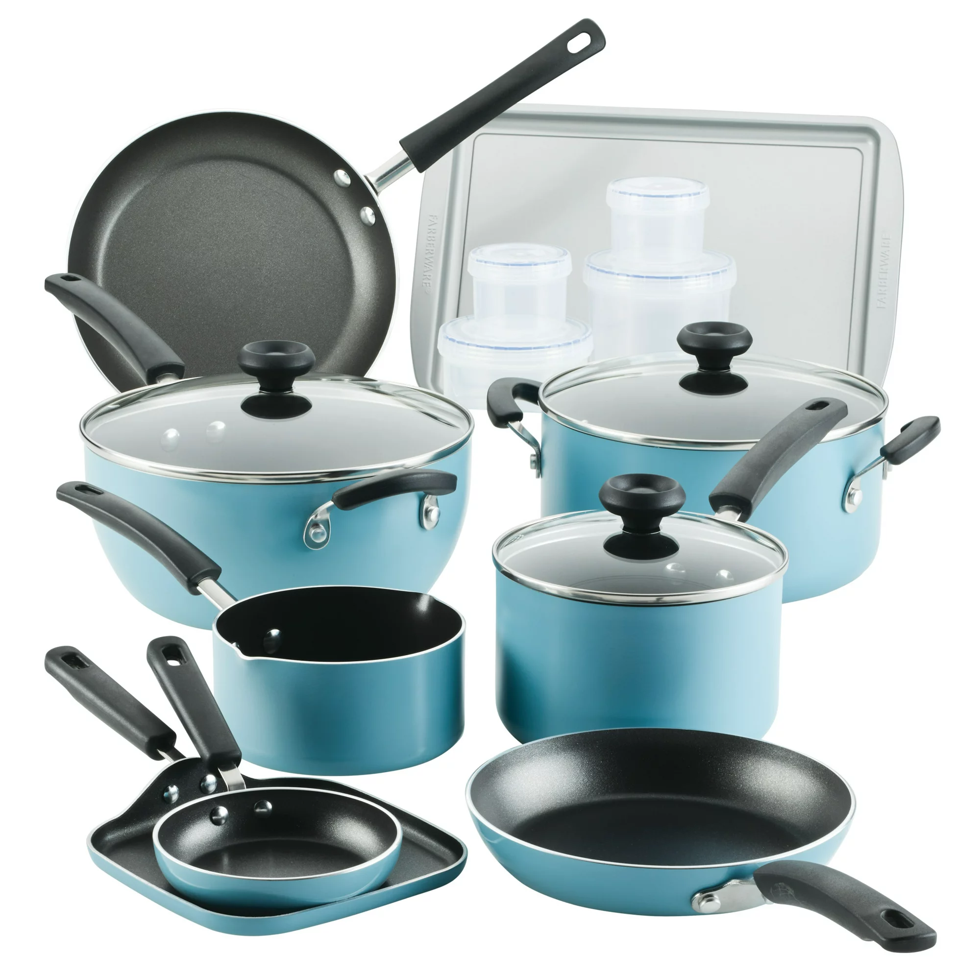 Farberware 20 Pc Easy Clean Aluminum Nonstick Cookware Pots and Pans Set. Aqua