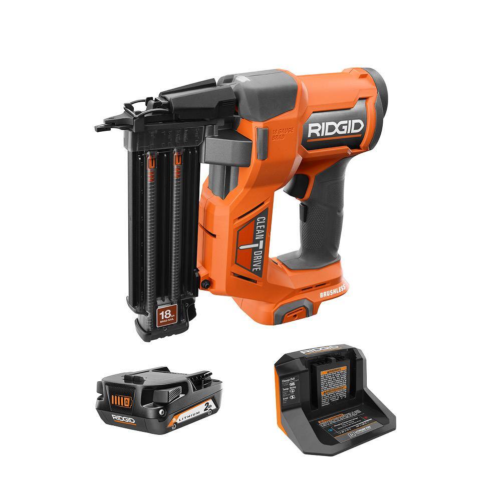 RIDGID R09891K 18V Brushless Cordless 18-Gauge 2-1/8 in. Brad Nailer with CLEAN DRIVE Technology with 2.0 Ah Battery and Charger