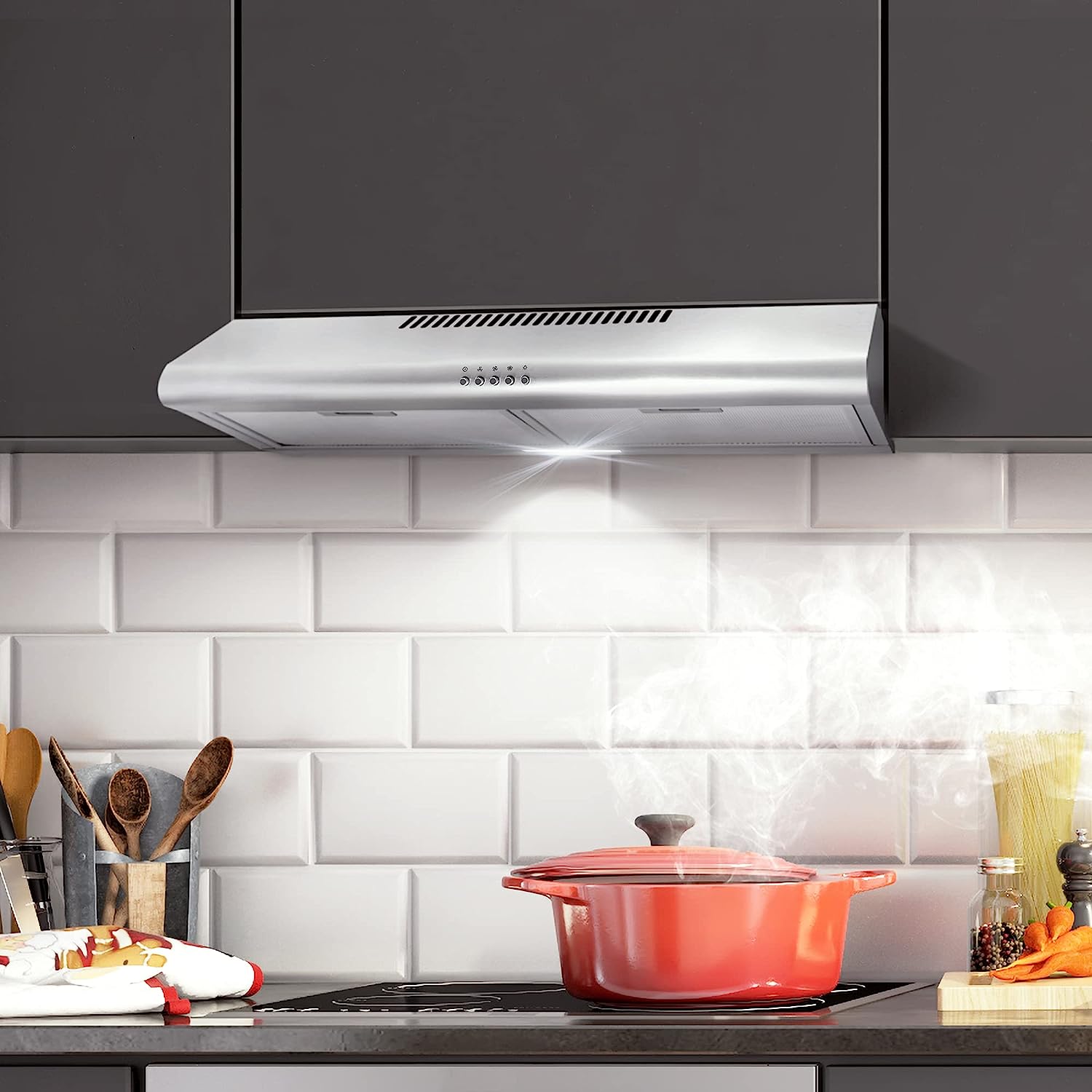 COSMO COS-5MU30 30 in. Under Cabinet Range Hood Ductless Convertible Duct. Slim Kitchen Stove Vent with. 3 Speed Exhaust Fan. Reusable Filter and LED Lights in Stainless Steel. 30 inch
