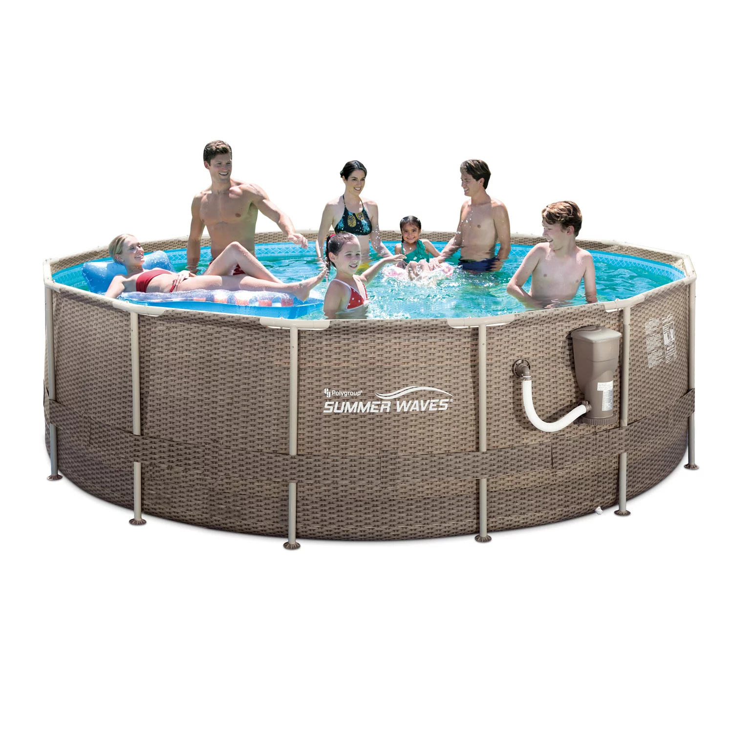 Summer Waves 14′ x 48″ Round Frame Above Ground Swimming Pool Set. Brown Wicker