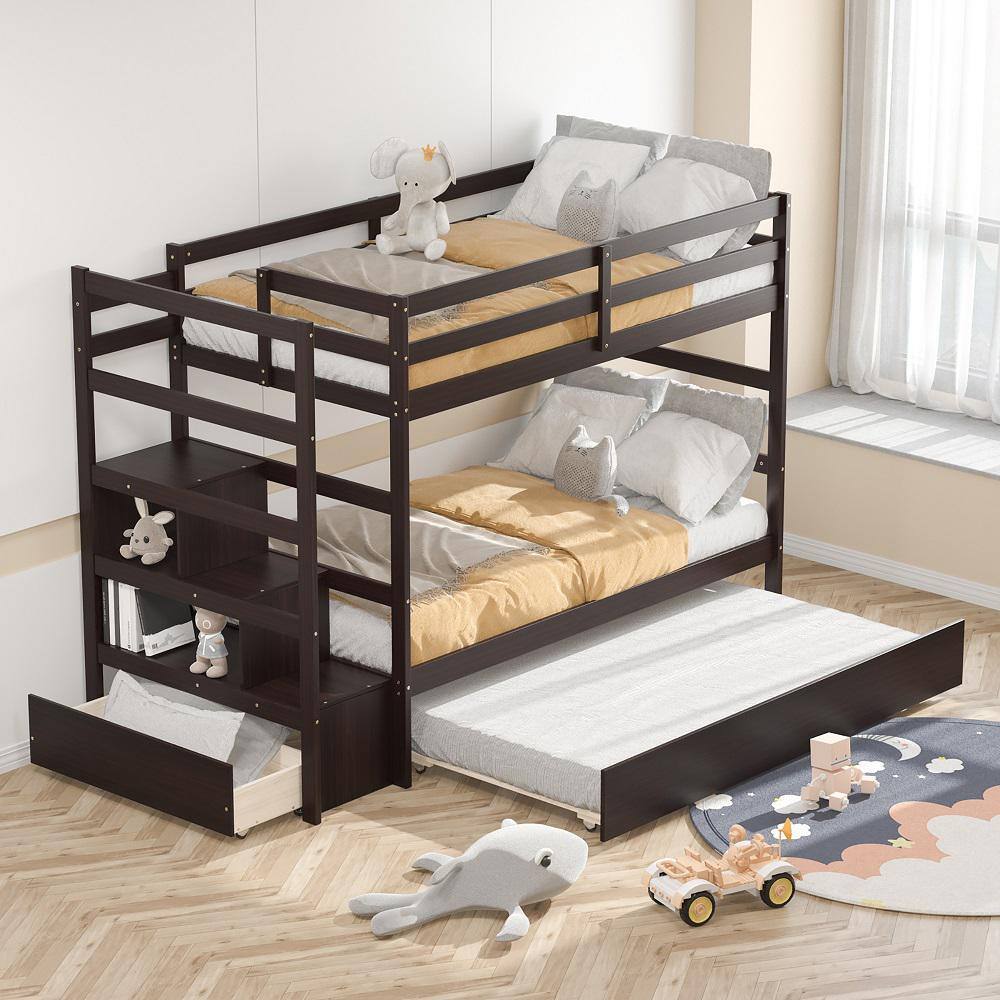 Costway  Espresso Twin Bunk Bed with Trundle Stairway and Storage Shelf Drawer