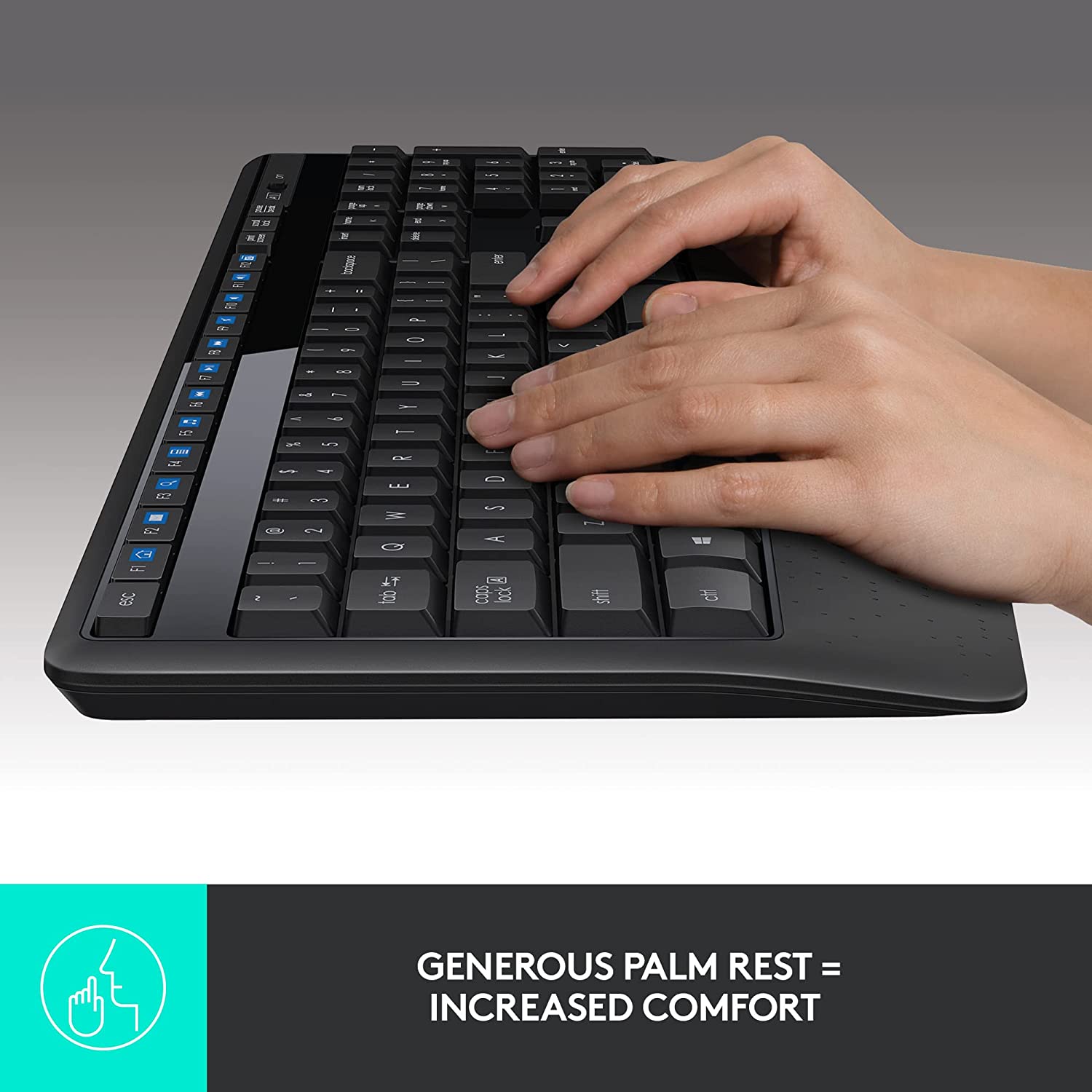 Logitech MK345 Wireless Combo Full-Sized Keyboard with Palm Rest and Comfortable Right-Handed Mouse. 2.4 GHz Wireless USB Receiver. Compatible with PC. Laptop