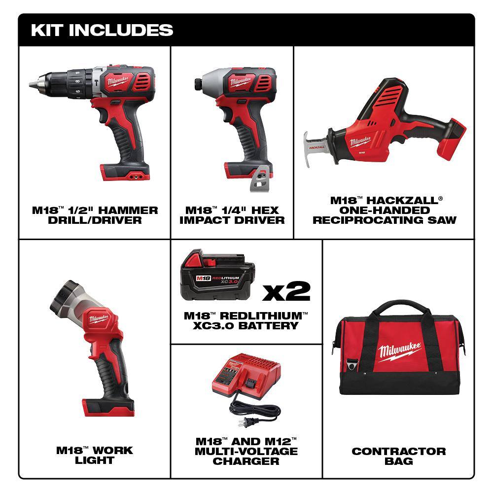 Milwaukee 2695-24 M18 18V Lithium-Ion Cordless Combo Tool Kit (4-Tool) w/(2) 3.0Ah Batteries. (1) Charger. (1) Tool Bag
