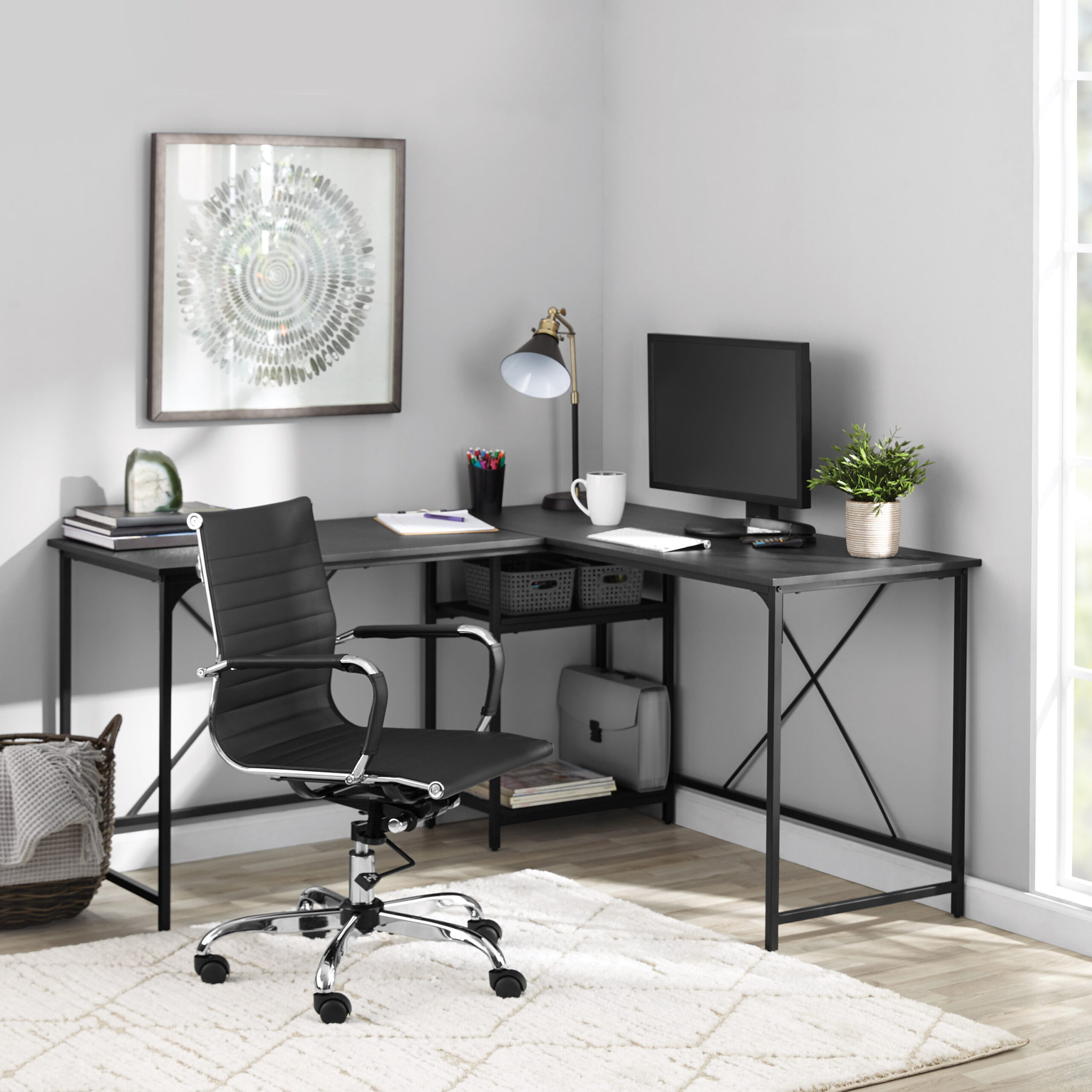 Mainstays Two-Way Convertible Desk with Lower Storage Shelf. Charcoal Finish and Black Metal Frame