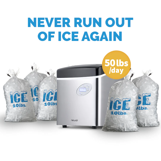 NewAir Portable Ice Maker 50 lb. Daily. 12 Cubes in Under 7 Minutes - Compact Countertop Design - 3 Size Bullet Shaped Ice - For Kitchen/Office/RV/Bar - Stainless Steel - AI-215SS