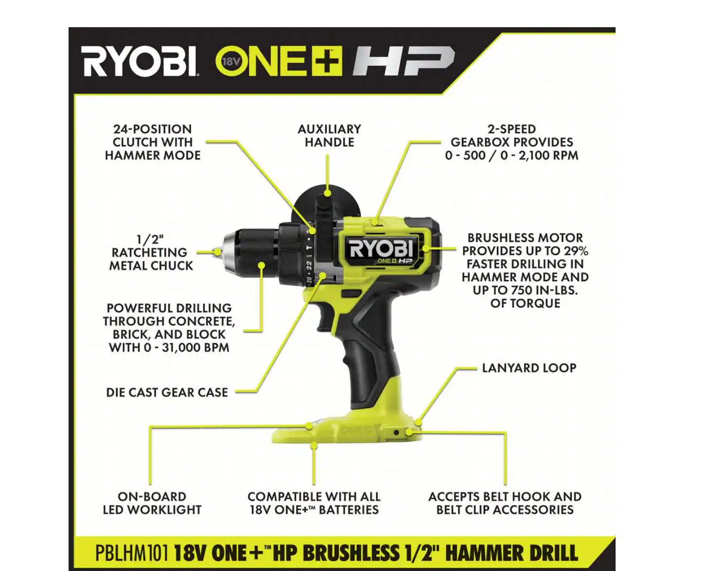 RYOBI PBLHM101B ONE+ HP 18V Brushless Cordless 1/2 in. Hammer Drill (Tool Only)