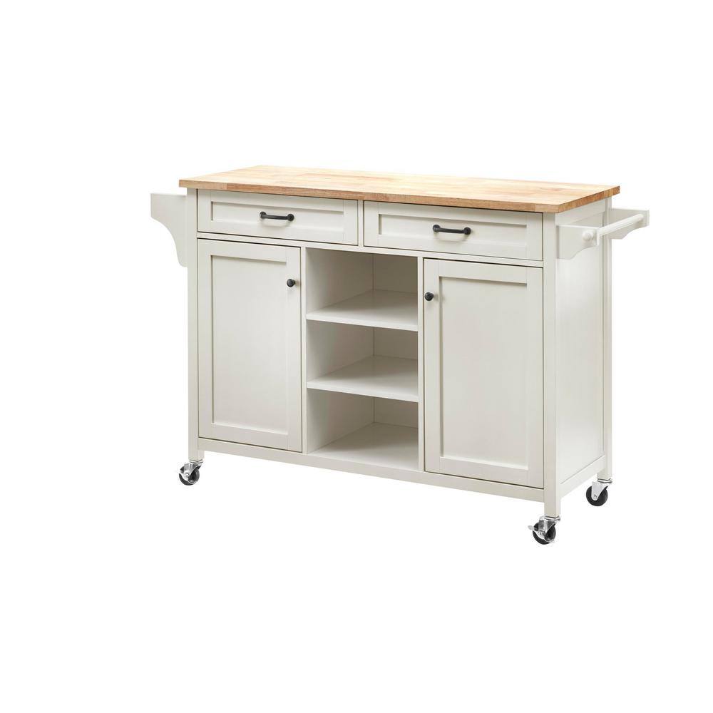 Home Decorators Collection Rockford White Rolling Kitchen Cart with Butcher Block Top and Double-Drawer Storage (56″ W)