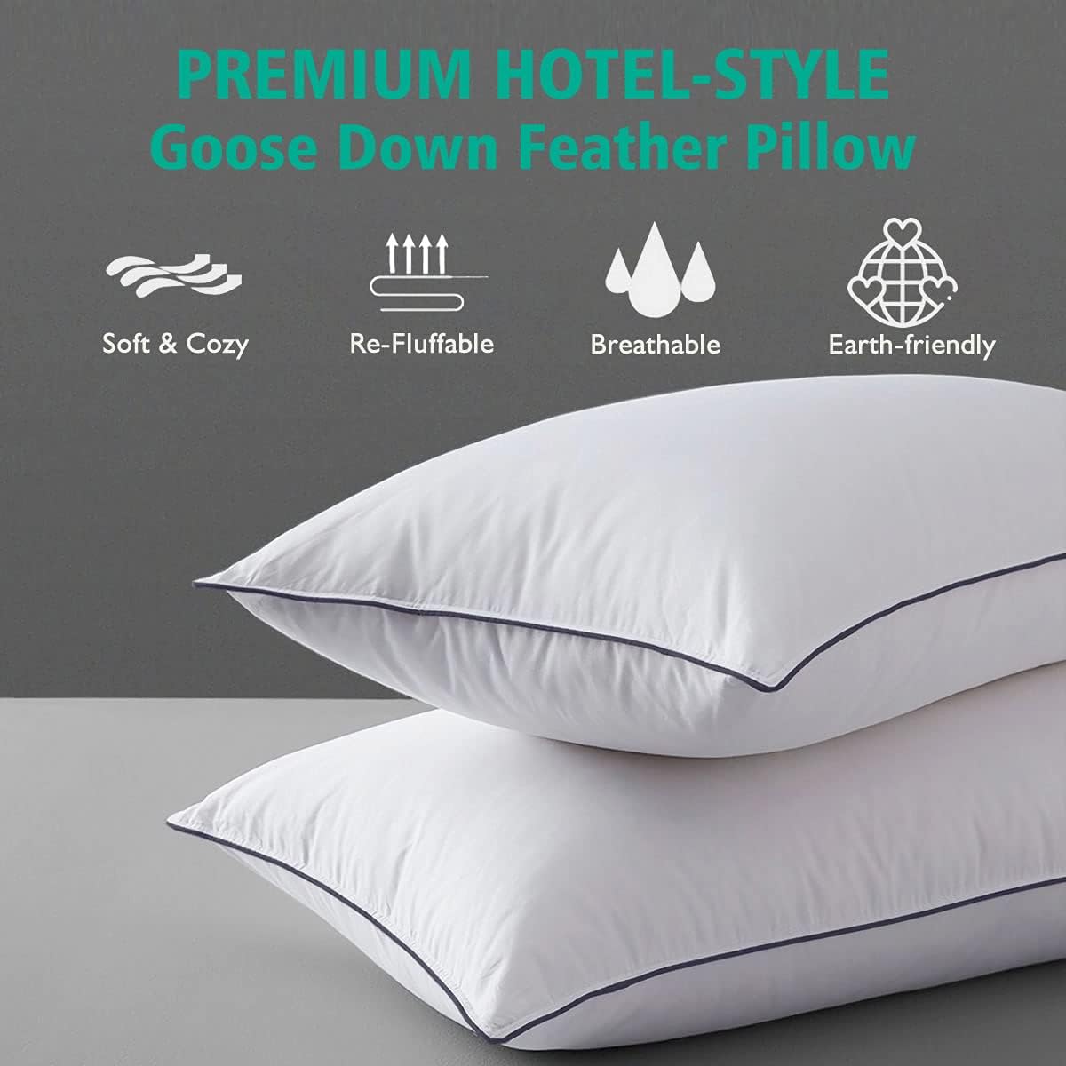APSMILE Goose Feather Down Pillows -Set of 2 Soft Bed Pillows for Sleeping 100% Organic Cotton Queen Size Hotel-Quality Pillows Insert for Stomach/Back Sleepers