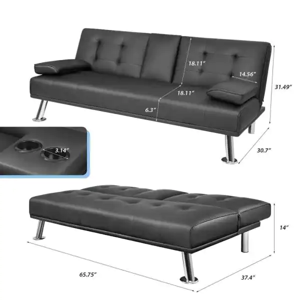 Black 66 in. Faux Leather Upholstered Convertible Folding Futon Sofa Bed 2 Cupholders