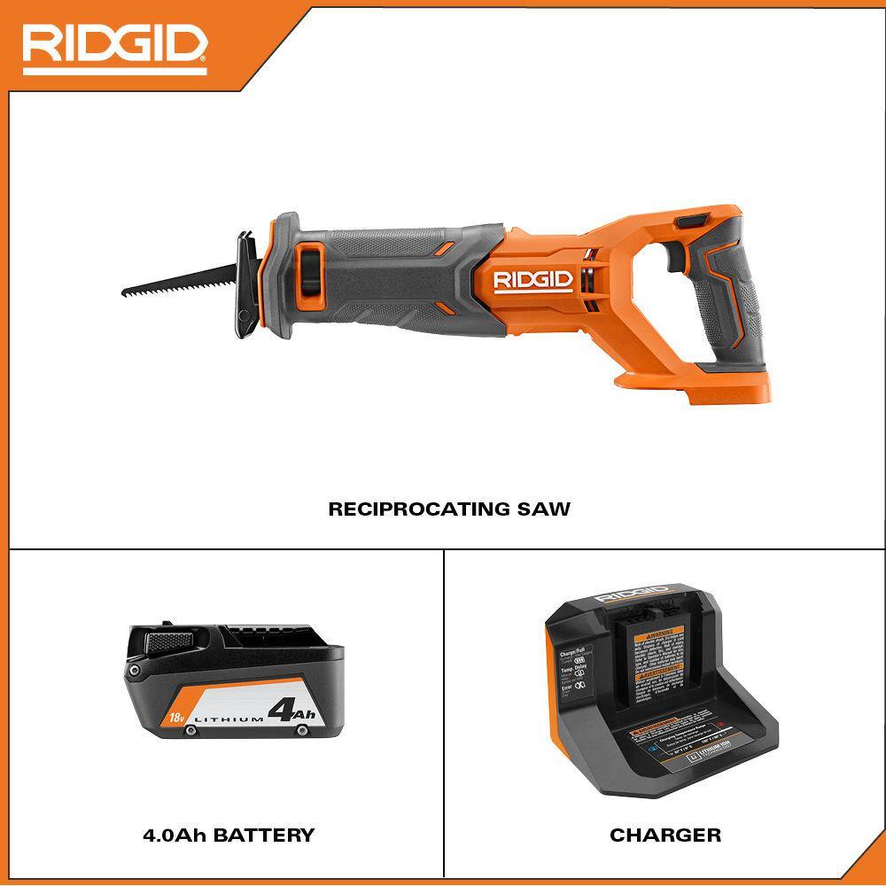 RIDGID R8646KN 18V Cordless Reciprocating Saw Kit with 4.0 Ah Battery and Charger