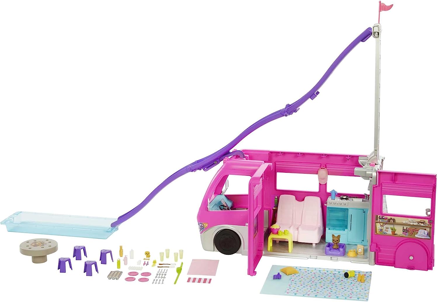 Barbie Camper Playset. Dreamcamper Toy Vehicle with 60 Accessories Including Furniture. Pool and 30-Inch Slide