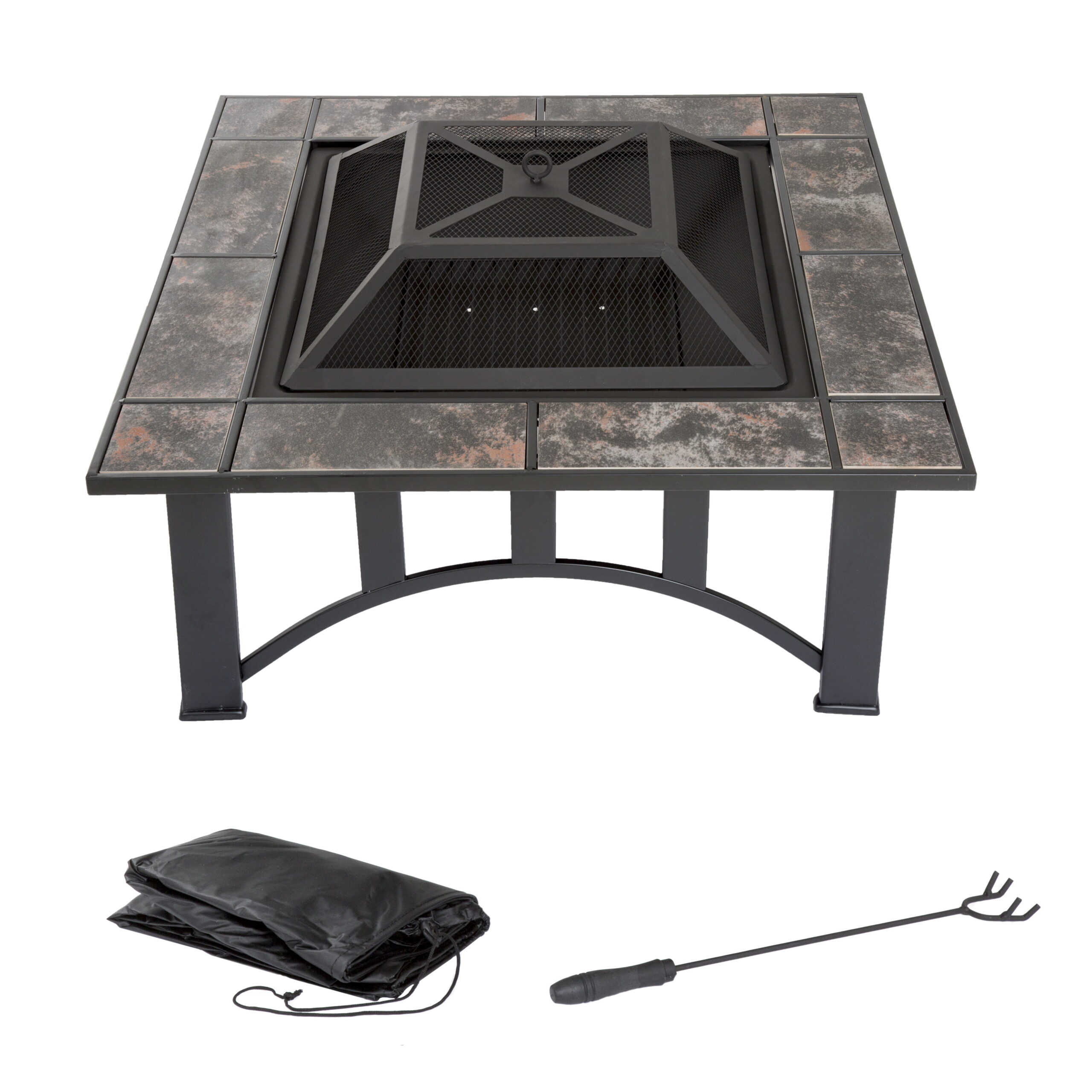 Fire Pit Set. Wood Burning Pit - Includes Screen. Cover and Log Poker - Great for Outdoor and Patio. 33 inch Square Marble Tile Firepit by Pure Garden