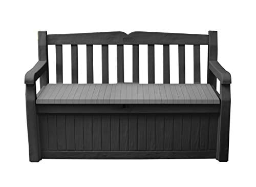 Keter Solana 70 Gallon Storage Bench Deck Box for Patio Furniture. Front Porch Decor and Outdoor Seating – Perfect to Store Garden Tools and Pool Toys. Grey