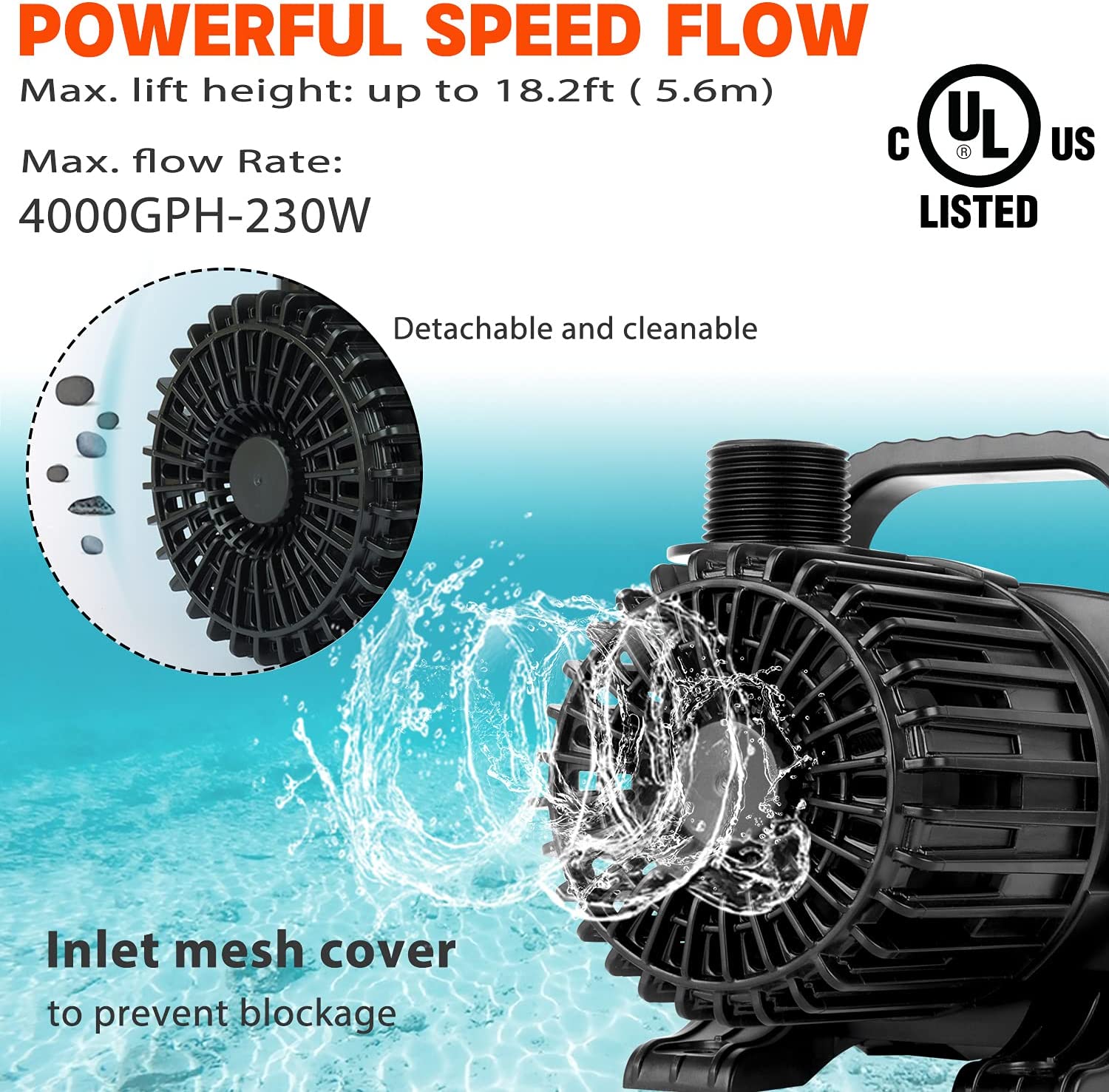 WaterRebirth (4000GPH-230W.UL listed) High Flow Submersible Water Pump - Pond Pump - Submersible Pump - Water Fountain Pump - Aquarium Pump.PS- 4000