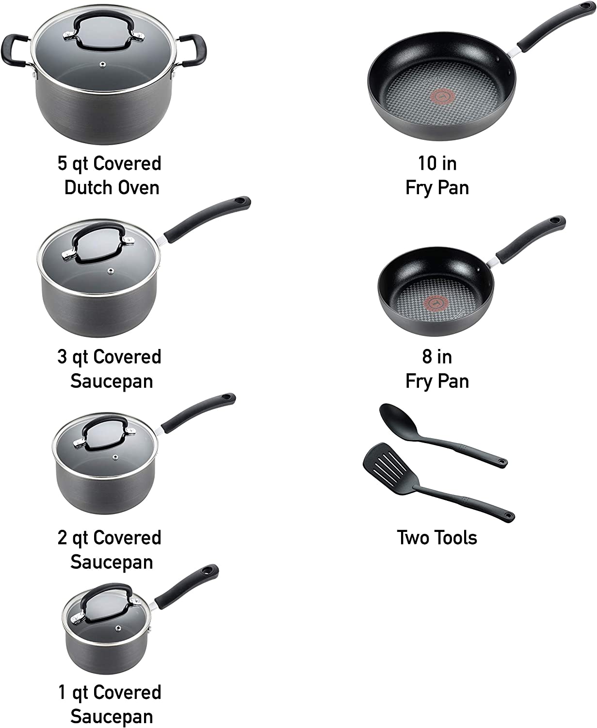 T-fal Ultimate Hard Anodized Nonstick 12 Piece Cookware Set. Dishwasher Safe Pots and Pans Set. Black