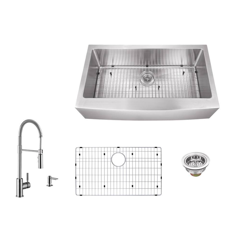 IPT Sink Company 1002286332 Apron Front 36 in. 16-Gauge Stainless Steel Single Bowl Kitchen Sink in Brushed Stainless with Pull Out Kitchen Faucet