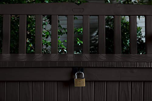 Keter Solana 70 Gallon Storage Bench Deck Box for Patio Furniture. Front Porch Decor and Outdoor Seating - Perfect to Store Garden Tools and Pool Toys. Brown