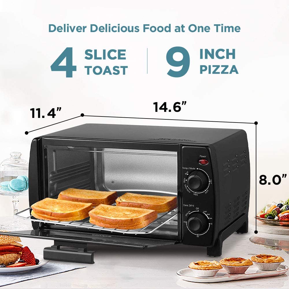 COMFEE- 4 Slice Small Toaster Oven Countertop. Retro Compact Design. Multi-Function with 30-Minute Timer. Bake. Broil. Toast. 1000 Watts. 2-Rack Capacity. Black (CFO-BB101)