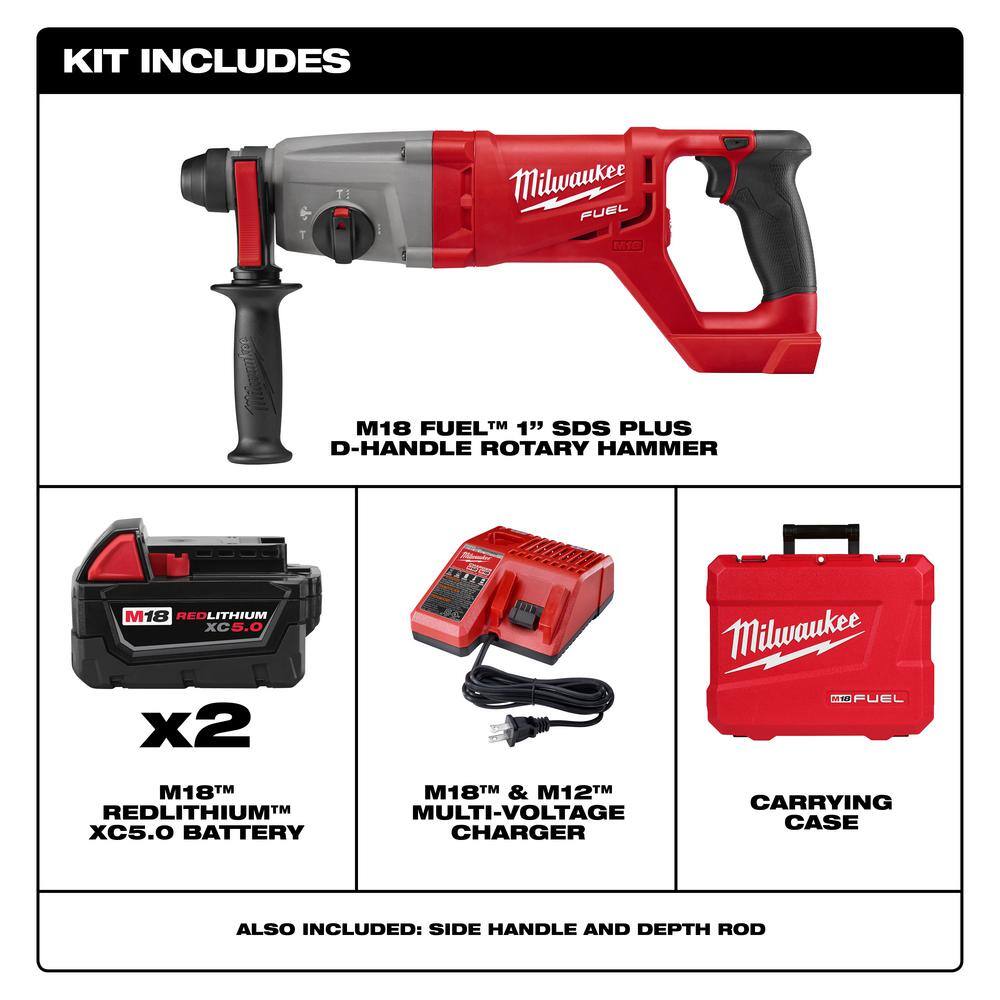 Milwaukee 2713-22 M18 FUEL 18V Lithium-Ion Brushless Cordless 1 in. SDS-Plus D-Handle Rotary Hammer Kit w/ Two 5.0Ah Batteries & Case
