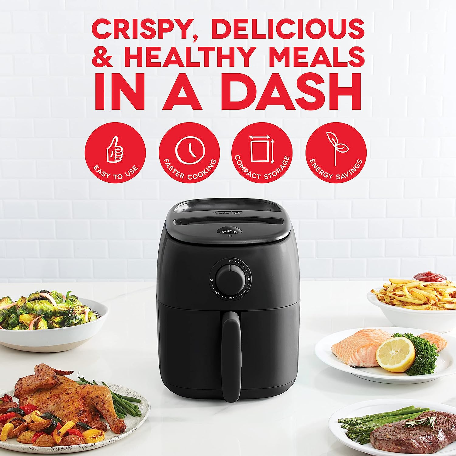 DASH Tasti-Crisp™ Electric Air Fryer Oven Cooker with Temperature Control. Non-Stick Fry Basket. Recipe Guide + Auto Shut Off Feature. 1000-Watt. 2.6Qt. Black