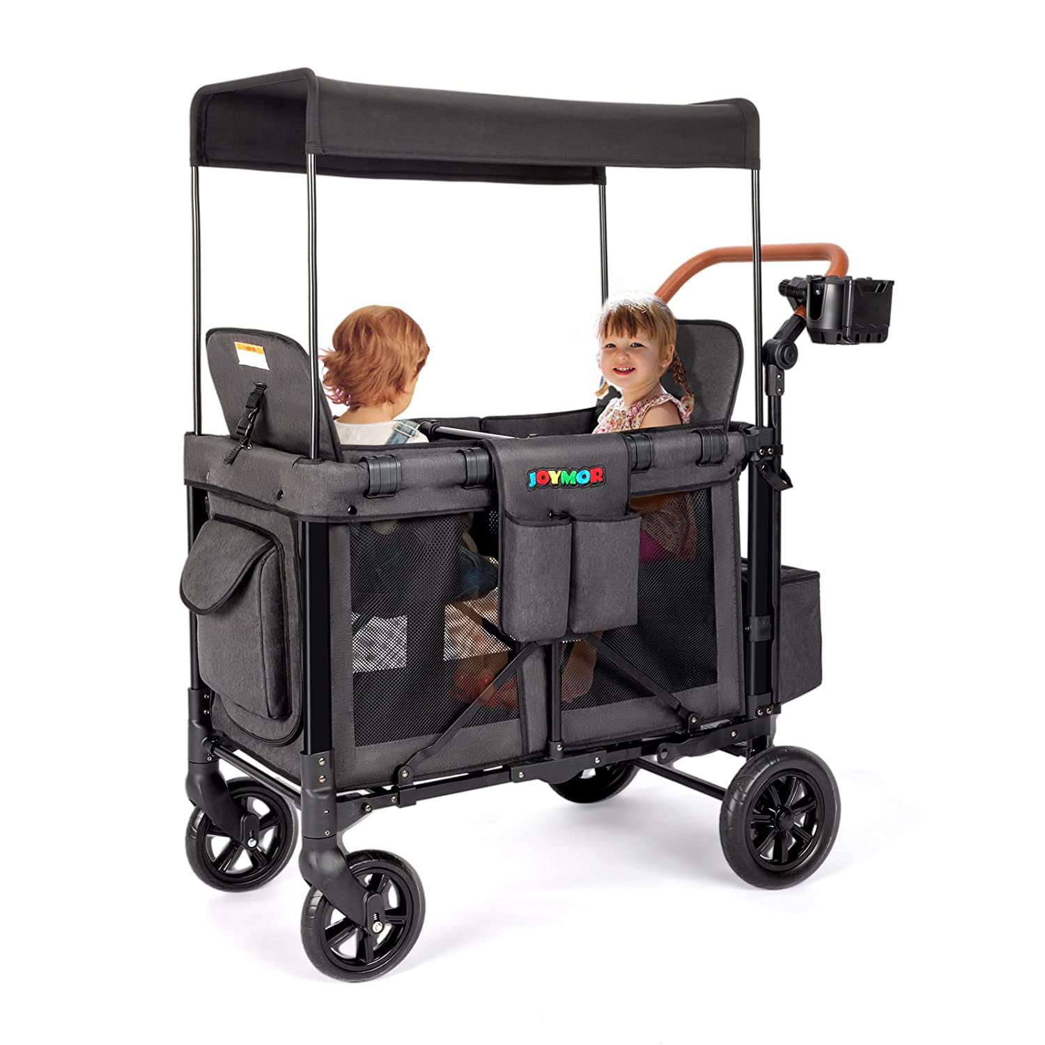 JOYMOR Folding Stroller Wagon for 2 Kids. Both Face Forward High Seat. Face to Face. with 5-Point Harnesses Safety Belt. Removable UV-Protection Canopy. Phone Holder.Black