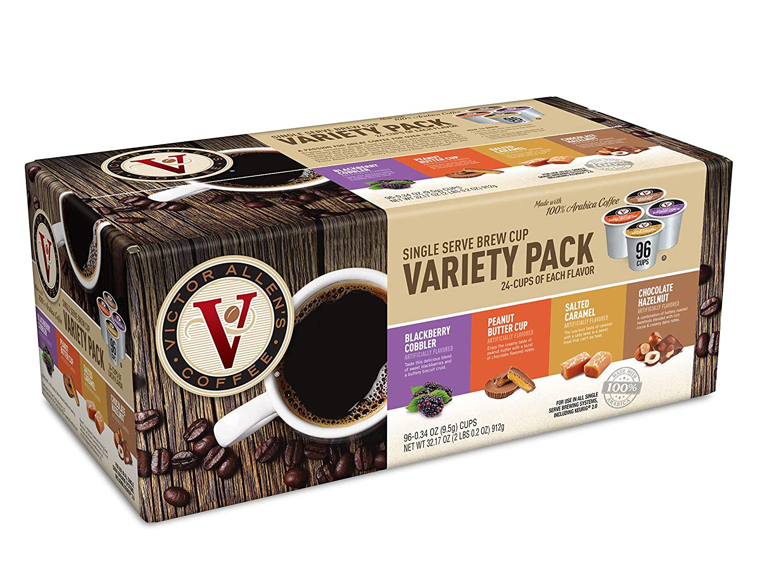 Victor Allen Sweet and Salty Variety Pack for K-Cup Keurig 2.0 Brewers. 96 Count. Peanut Butter Cup. Salted Caramel. Blackberry Cobbler. and Chocolate Hazelnut. Victor Allen's Coffee Single Serve Coffee Pods