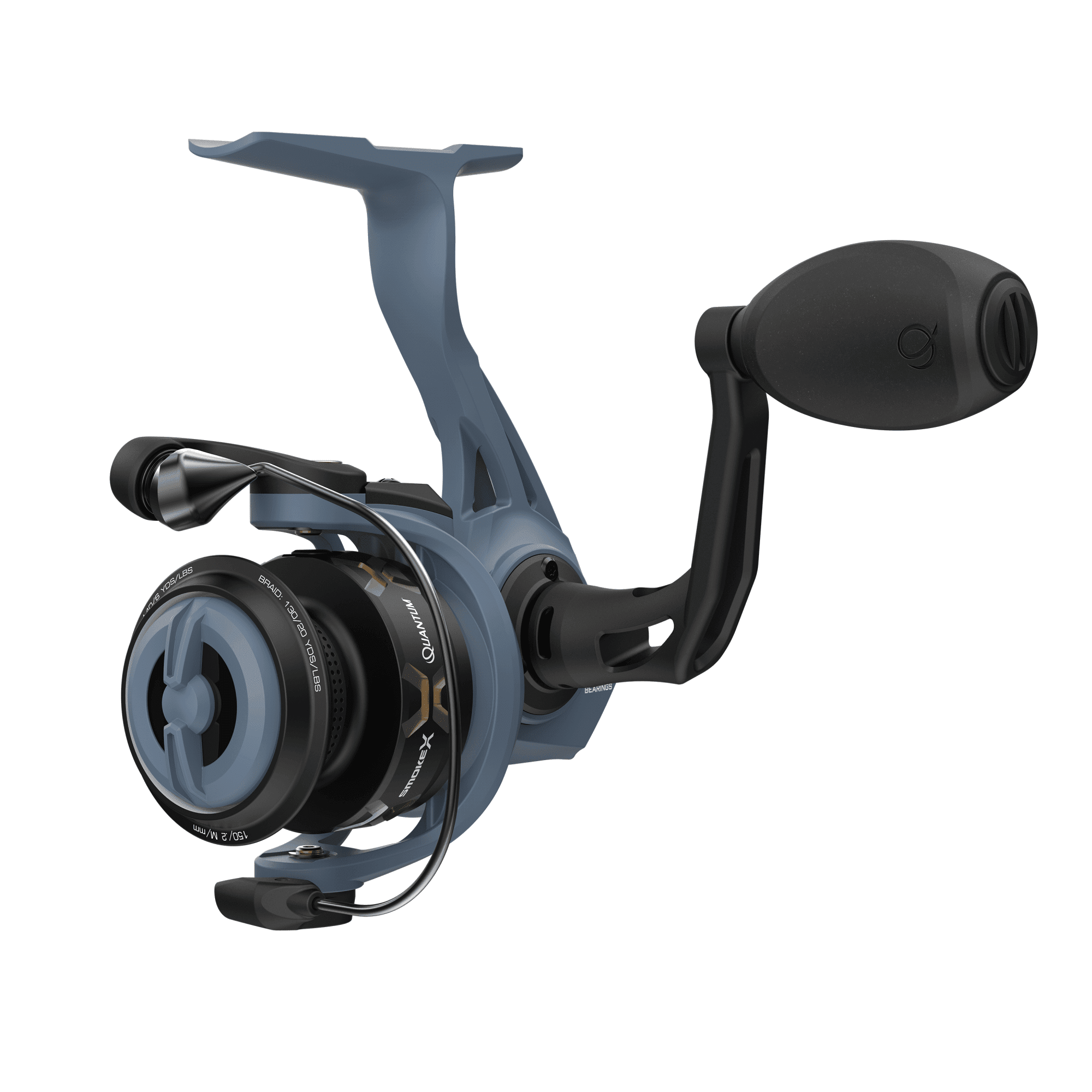 Quantum Smoke X Spinning Fishing Reel. Size 15 Reel. Changeable Right- or Left-Hand Retrieve. Continuous Anti-Reverse Clutch with NiTi Indestructible Bail. SCR Alloy Frame. 5.7:1 Gear Ratio. Blue