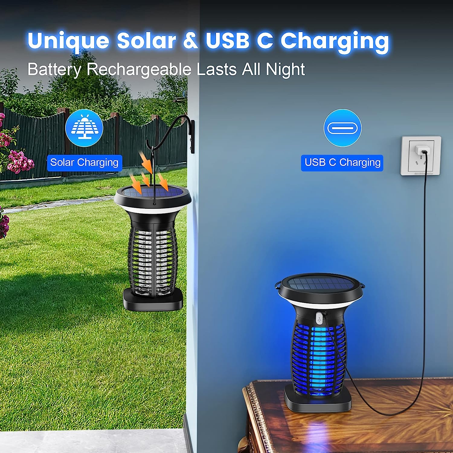 Zechuan Solar Bug Zapper Outdoor Waterproof. High Powered Pest Control Electric Mosquito Zapper Killer Indoor. Rechargeable Insect Trap Fly Zapper for Home. Patio. Backyard. Camping