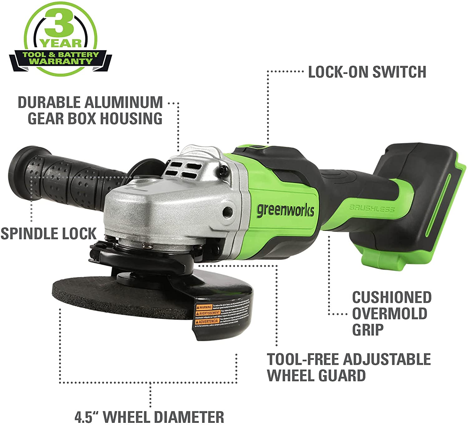 Greenworks 24V Brushless 4-1/2 in. Angle Grinder. Battery and Charger Not Included 3100502AZ