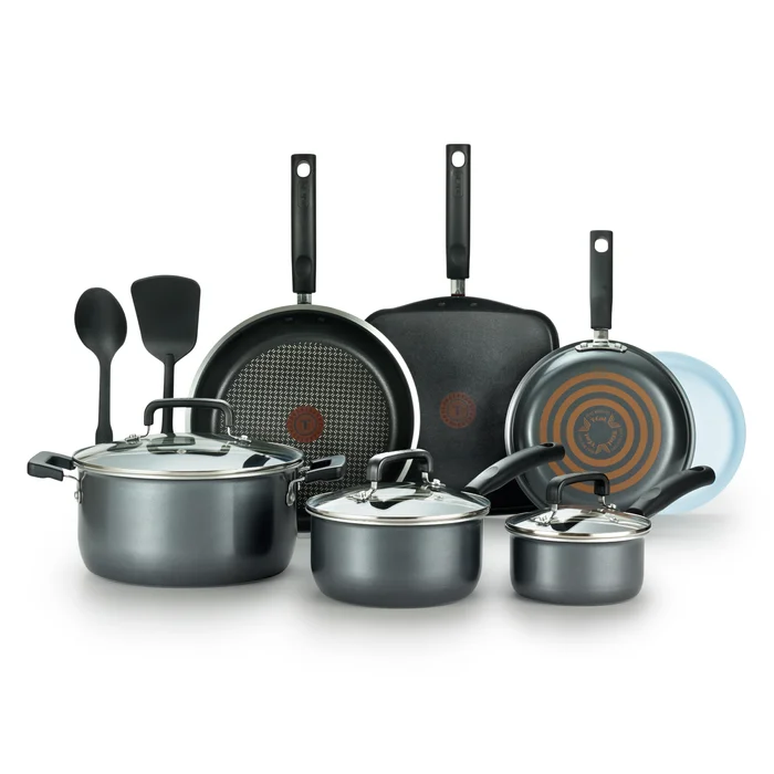 T-Fal Signature 12 Piece Aluminum Non Stick Cookware Set. Gray