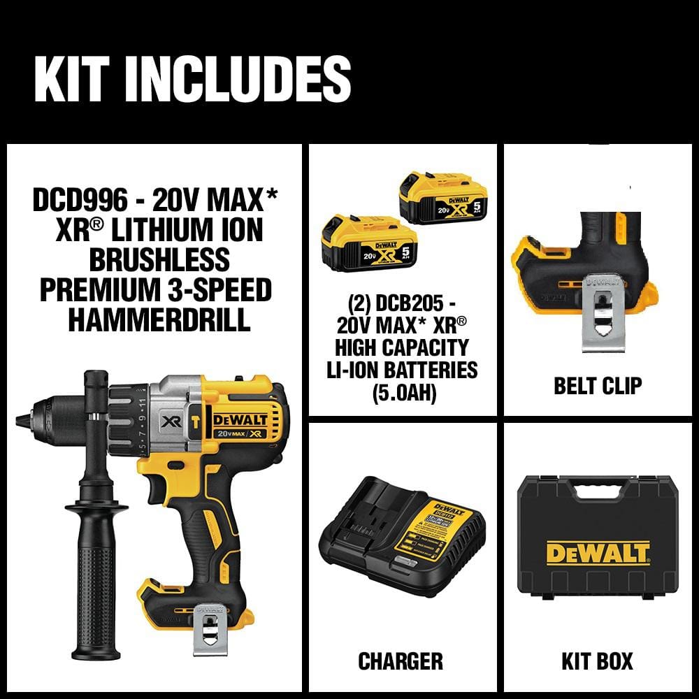 DEWALT DCD996P2 20V MAX XR Cordless Brushless 3-Speed 1/2 in. Hammer Drill with (2) 20V 5.0Ah Batteries and Charger