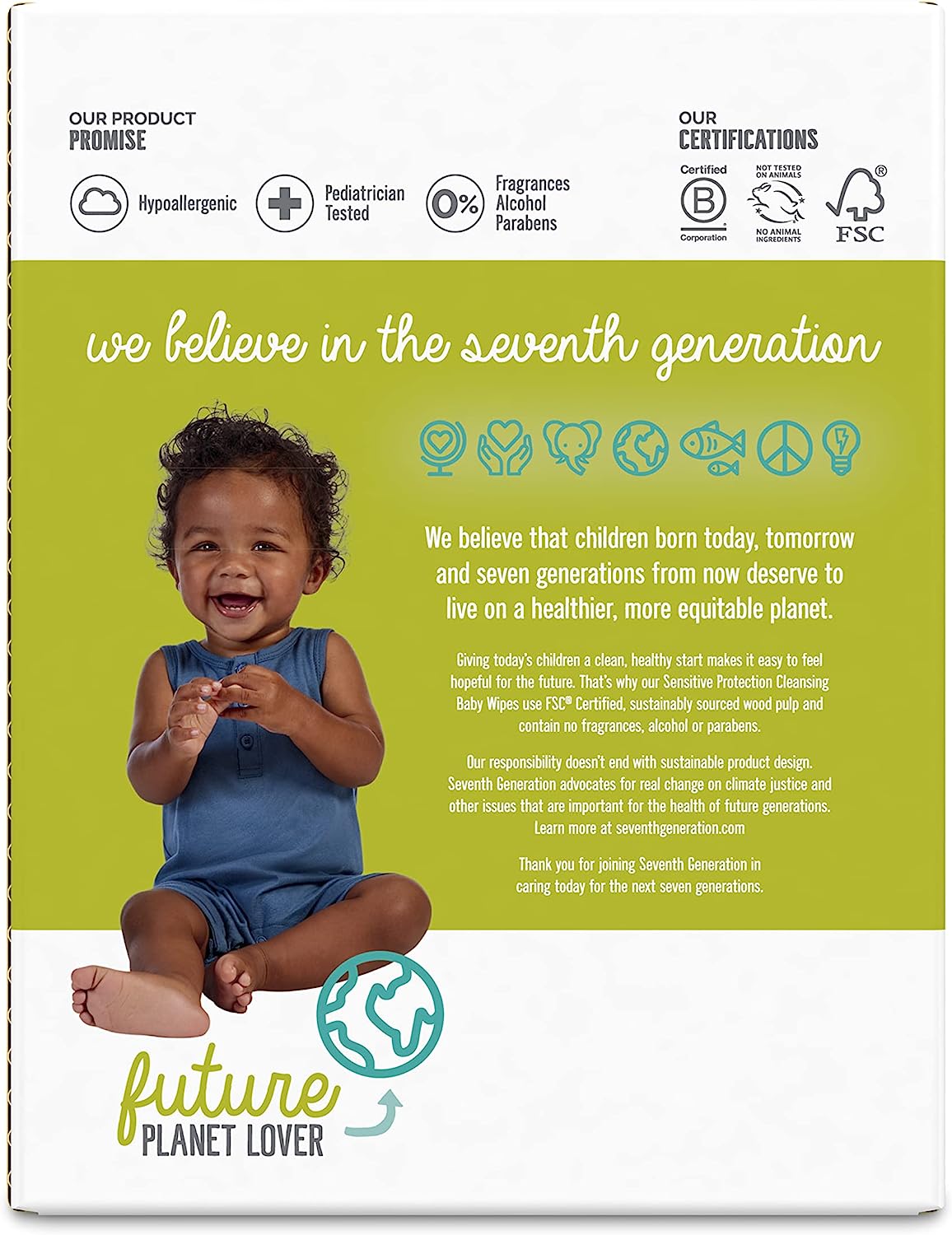 Seventh Generation Baby Wipes. Sensitive Protection with Flip Top Dispenser. White. unscented. 72 Count (Pack of 7) (Packaging May Vary)