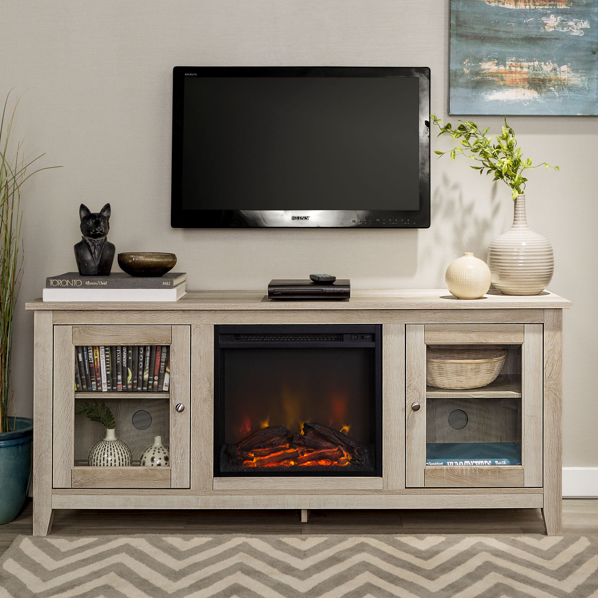 Walker Edison White Oak Fireplace TV Stand for TVs up to 60″