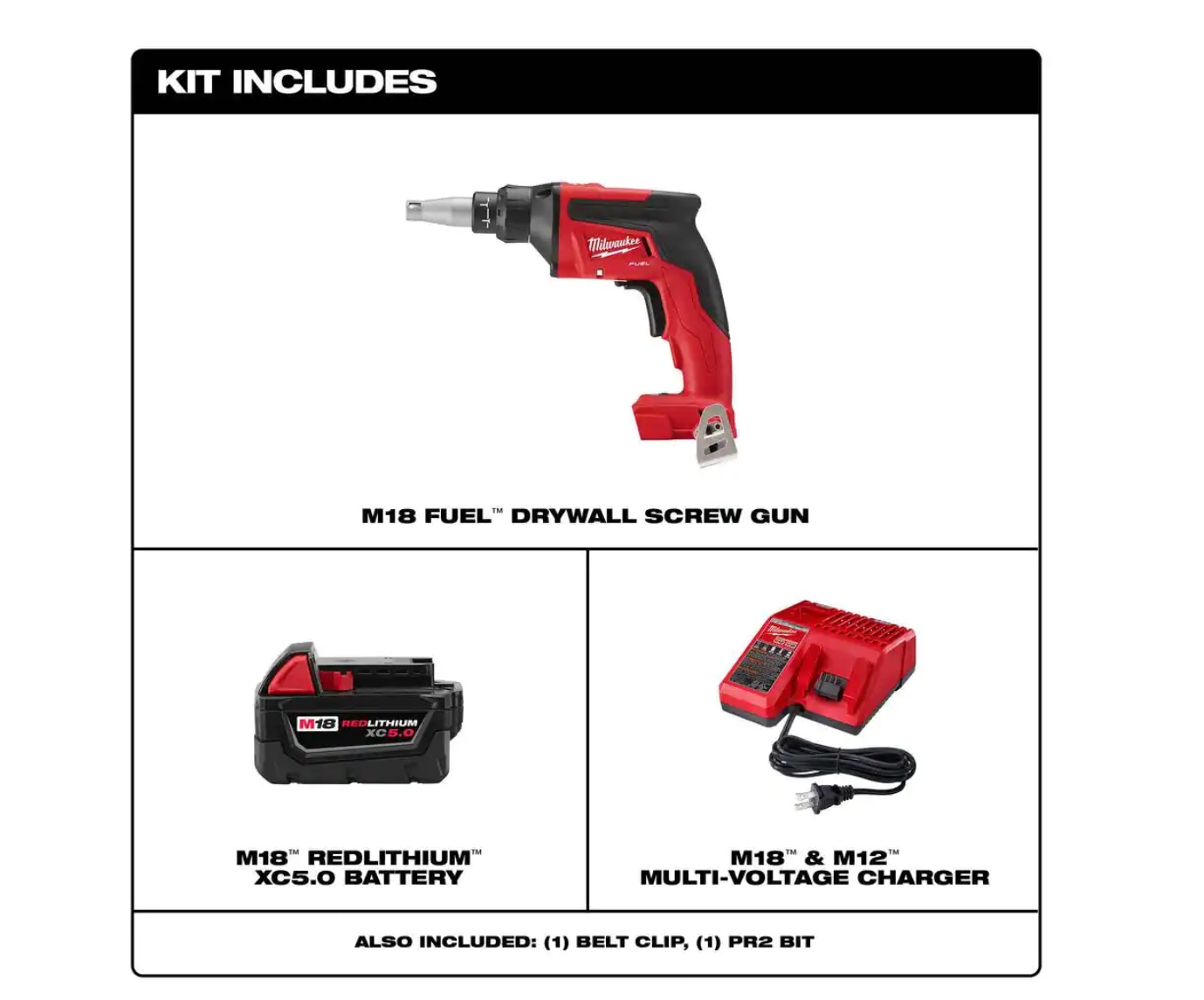 Milwaukee 2866-20-48-59-1850 M18 FUEL 18-Volt Lithium-Ion Brushless Cordless Drywall Screw Gun and Starter Kit with (1) 5.0 Ah Battery and Charger
