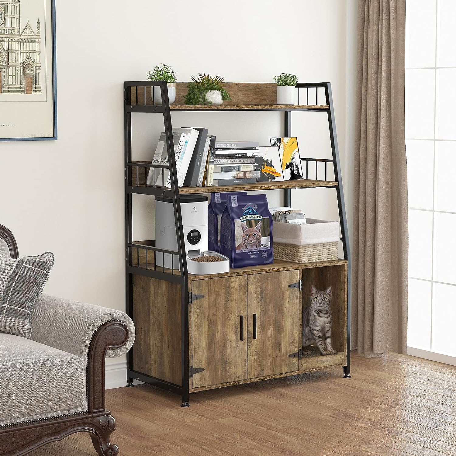 GDLF Large Hidden Cat Litter Box Enclosure Furniture with Shelf Wood Sturdy Cat Washroom Storage with Scratch. Light Brown