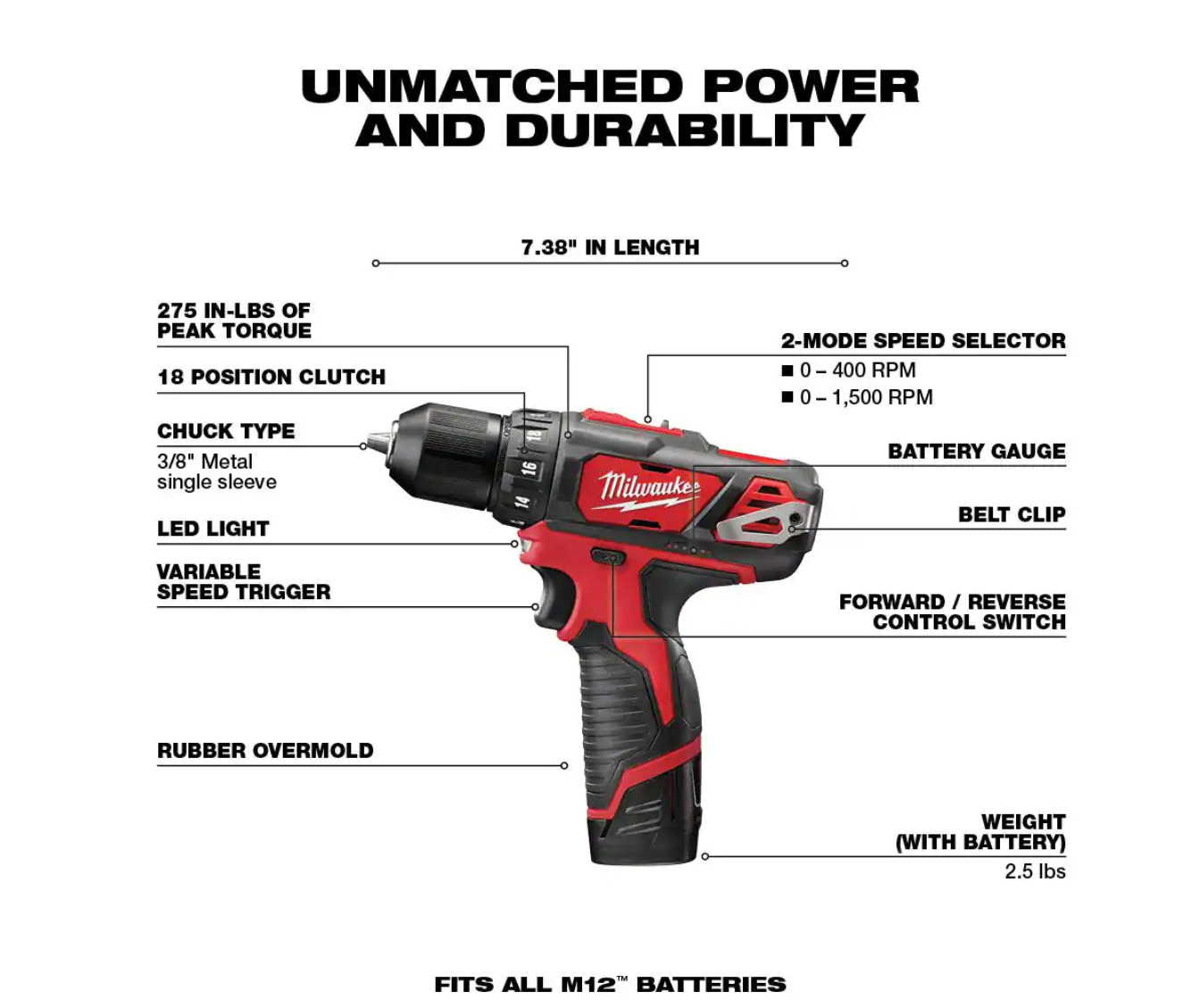 Milwaukee 2407-22-2457-20-48-11-2460 M12 12V Lithium-Ion Cordless 3/8 in. Drill/Driver Kit with M12 3/8 in. Ratchet and 6.0 Ah XC Battery Pack