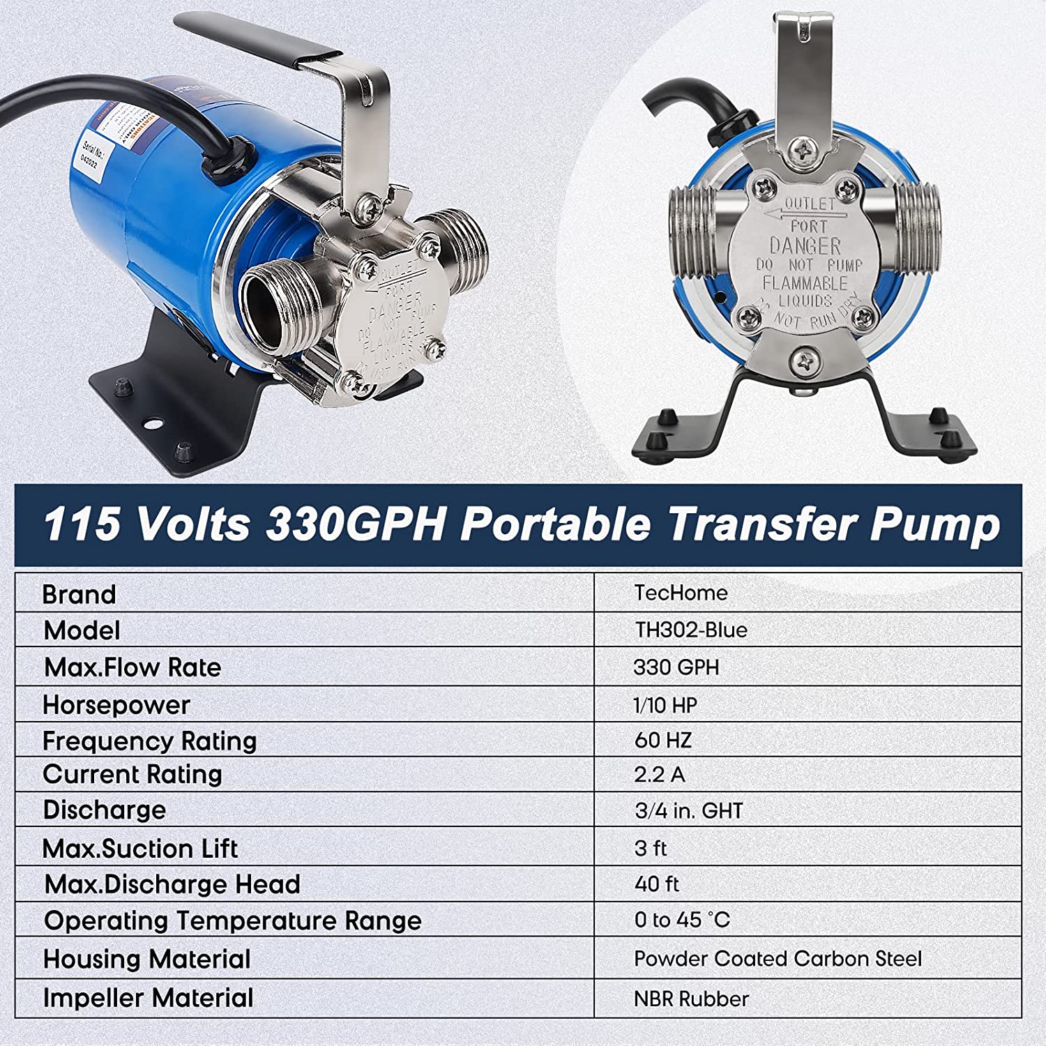 TecHome Hose Pump. 115V 1/10HP 330GPH Waterbed Pump Electric Water Pump Rain Barrel Pump. With Water Hose Kit.