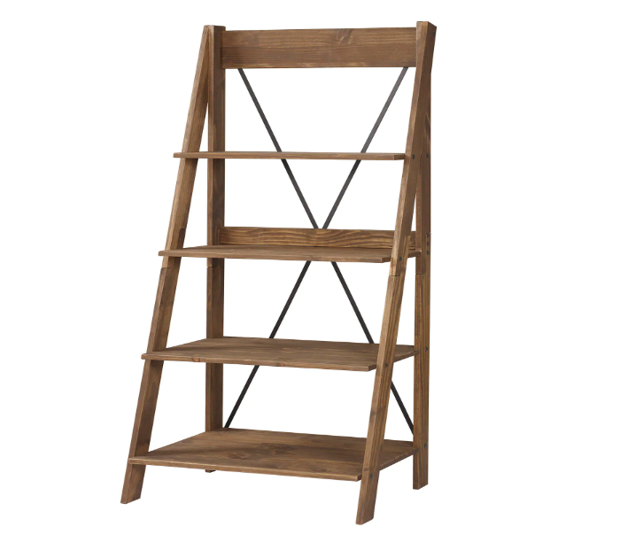 Welwick Designs 68 in. Brown Wood 4-shelf Ladder Bookcase with Open Back