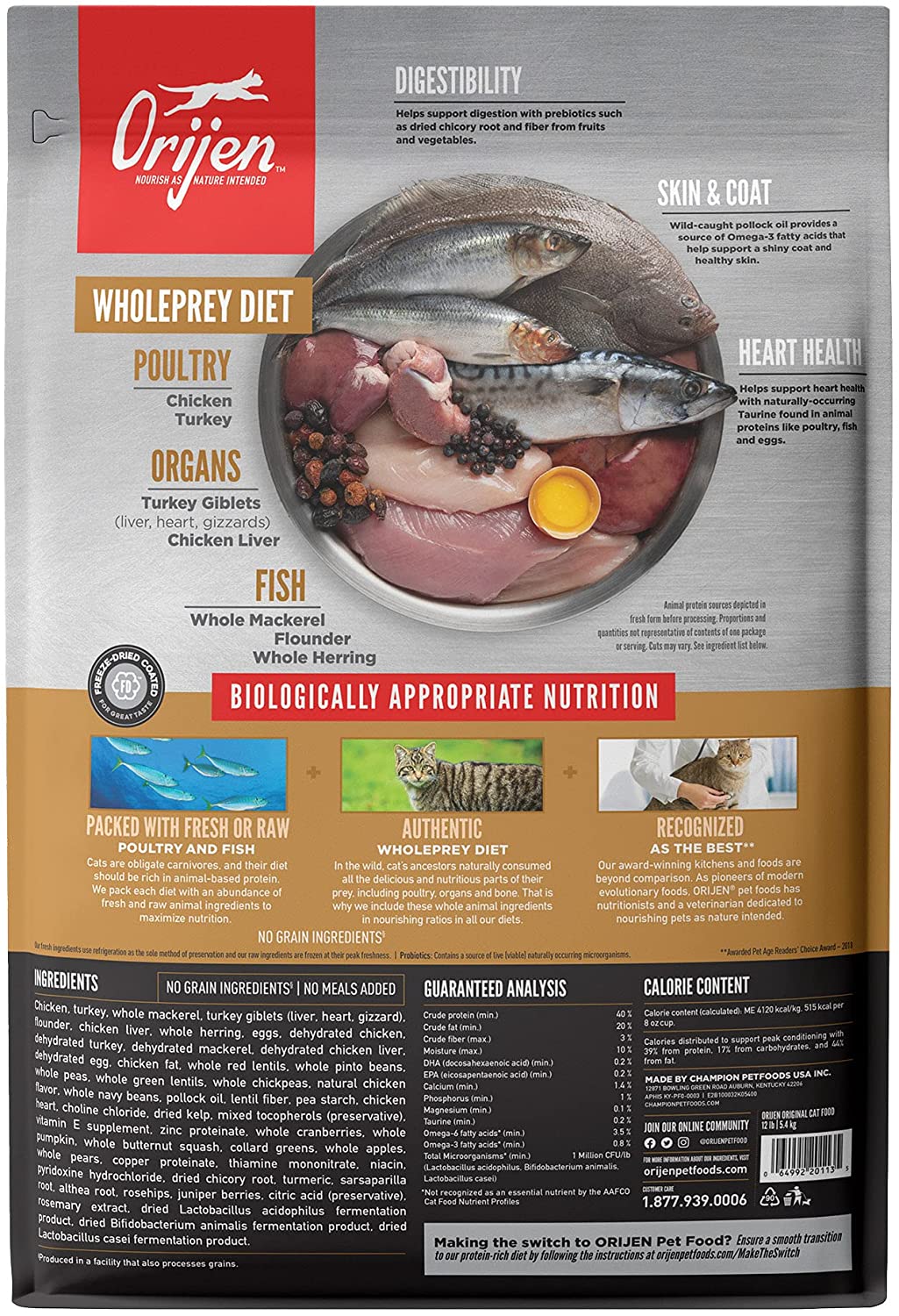 ORIJEN Dry Original Cat Food Premium. High Protein. Fresh & Raw Animal Ingredients. 12lb