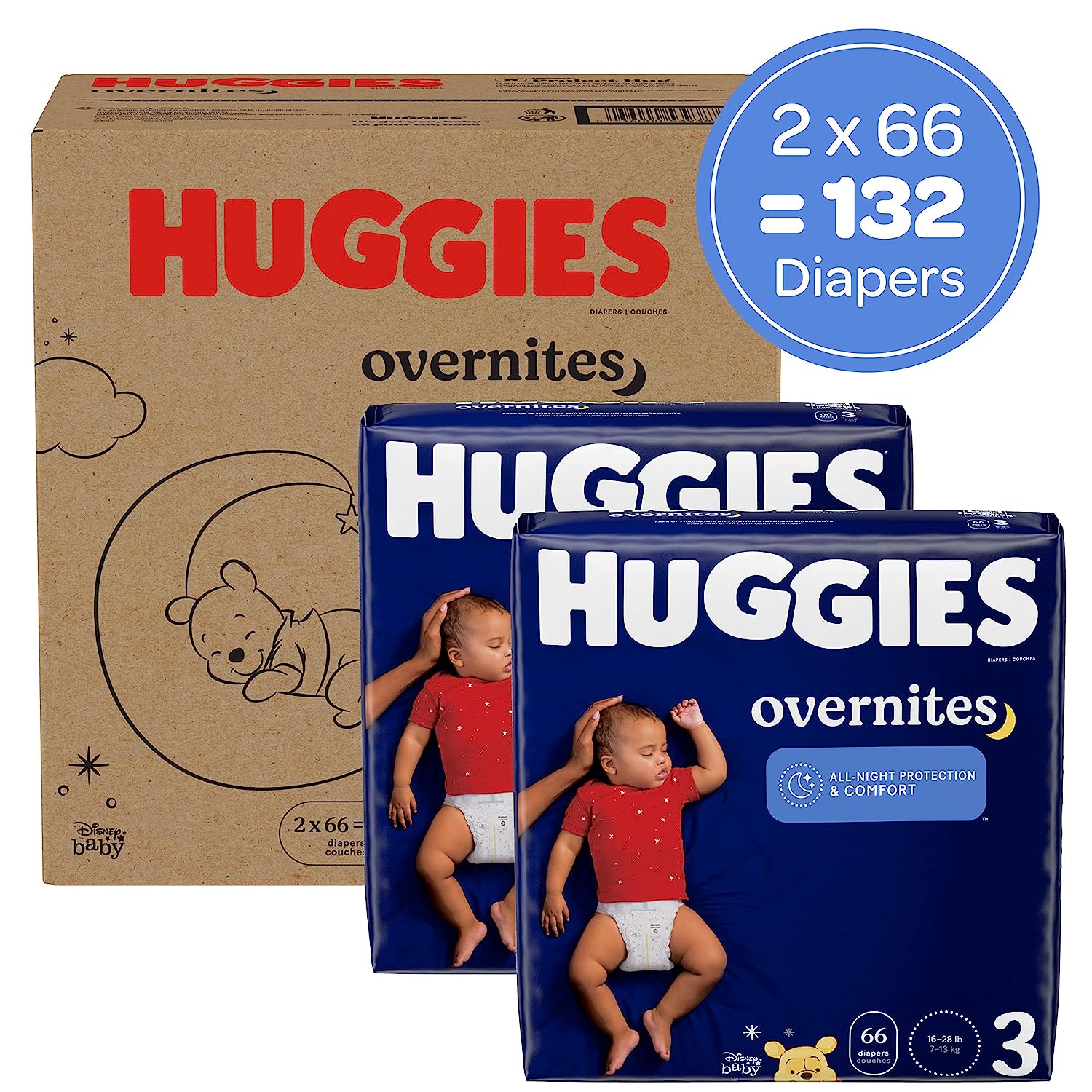 Huggies Overnites Nighttime Baby Diapers. Size 3 (16-28 lbs). 132 Ct
