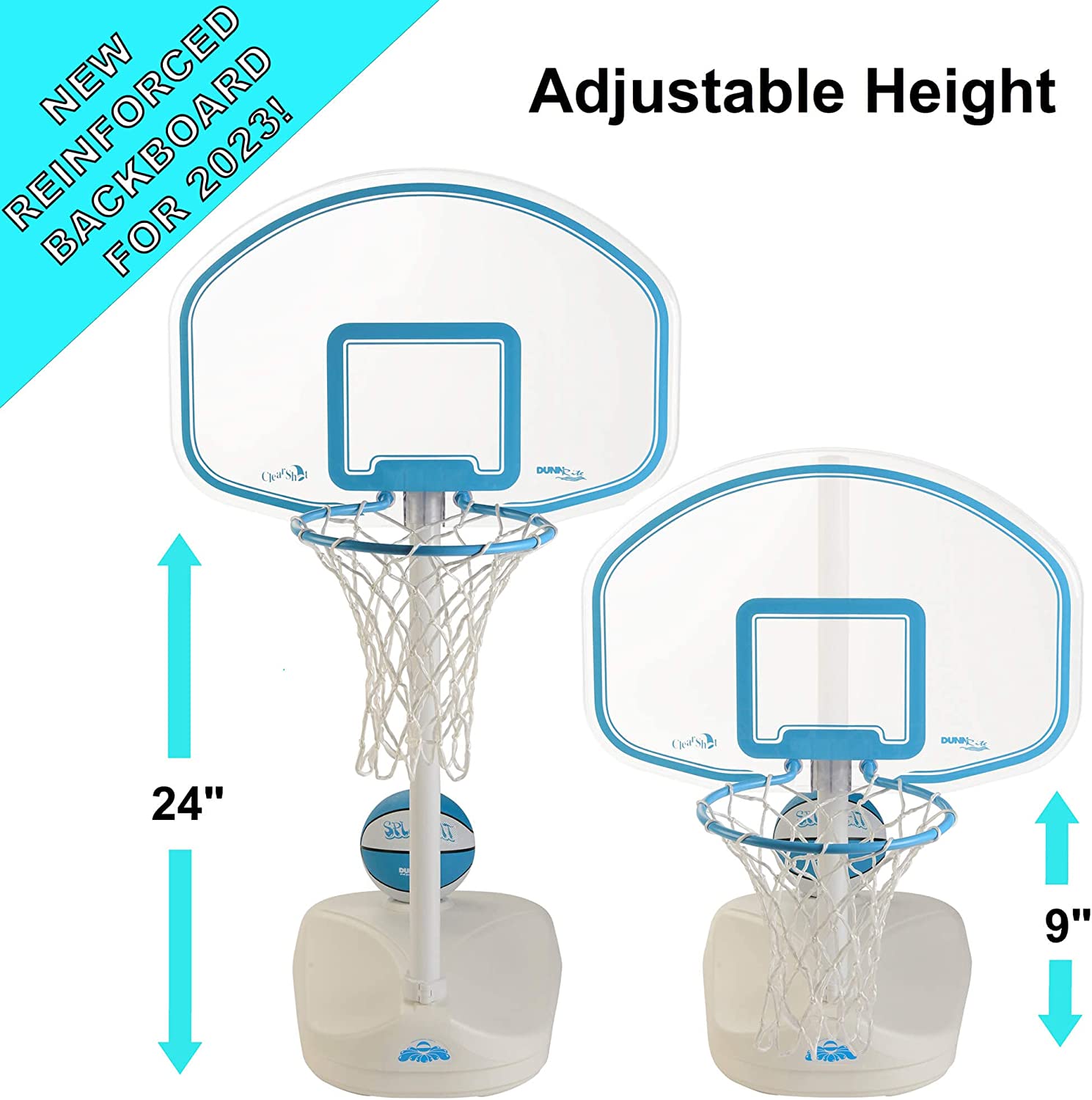 Dunn-Rite Clear Shot Swimming Pool Basketball Hoop w/Ball. Base. & 13 Inch Stainless Steel Rim for Adults & Kids. Choose Basketball or Basketball and Volleyball Combo