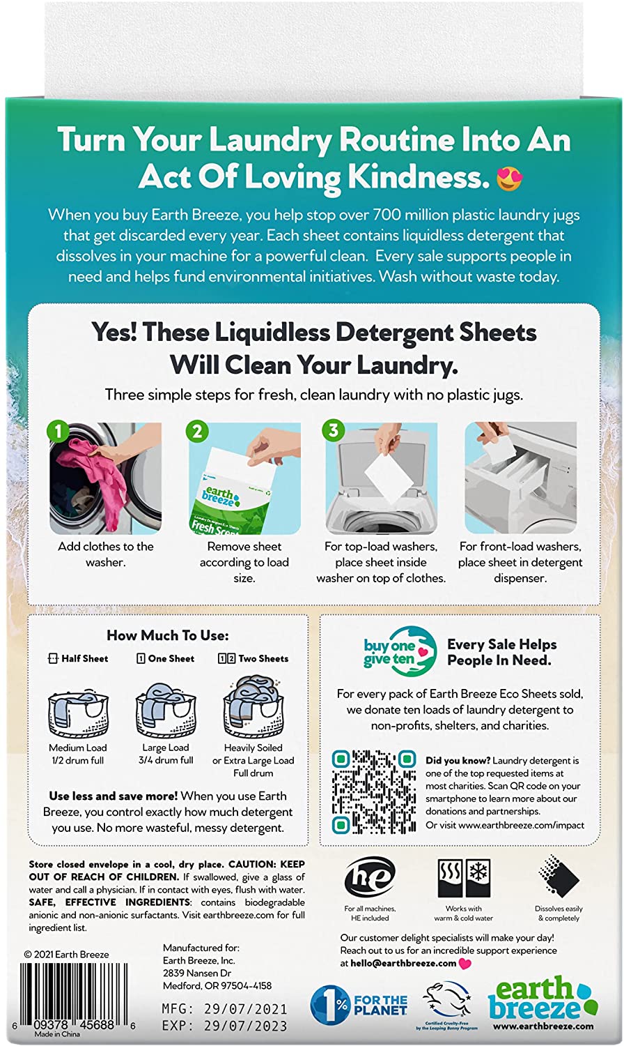 Earth Breeze Laundry Detergent Sheets.Fresh Scent . 30 Sheets. Liquidless Technology
