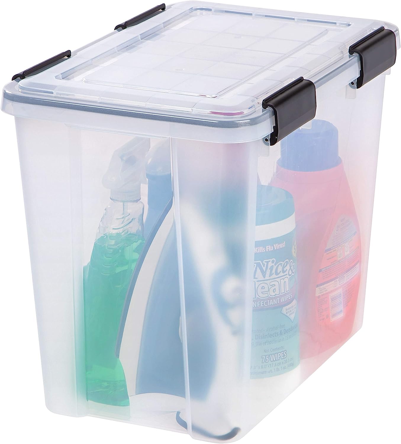 IRIS USA 36 Quart WEATHERPRO Plastic Storage Box with Durable Lid and Seal and Secure Latching Buckles. Weathertight. Clear with Black Buckles. 4 Pack