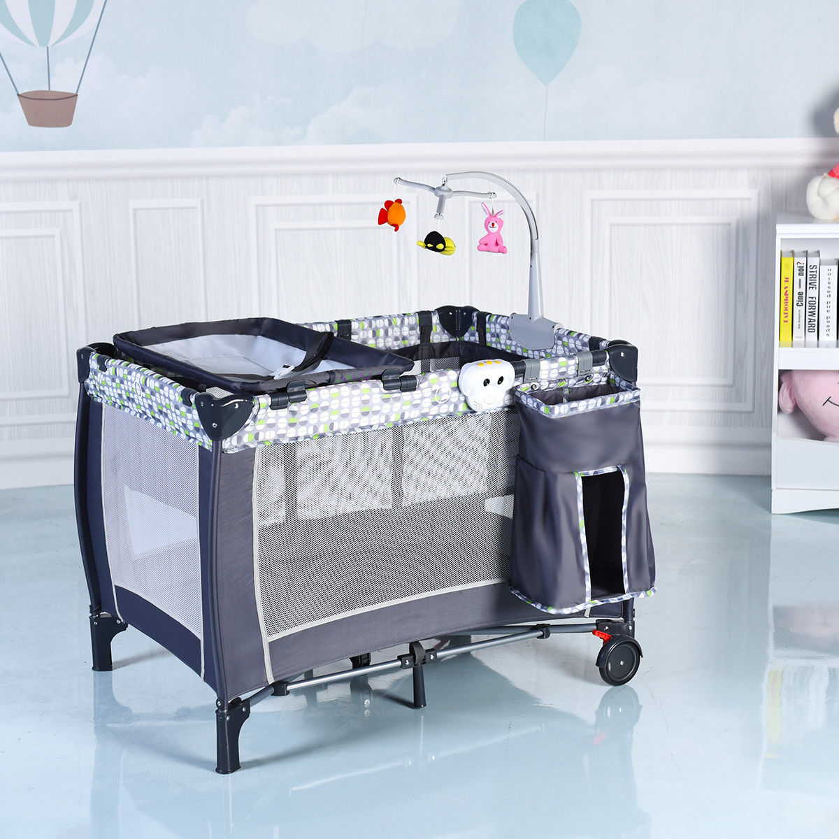 Costway Foldable Travel Baby Playpen Crib Infant Bassinet Bed Mosquito Net Music w/ Bag Grey