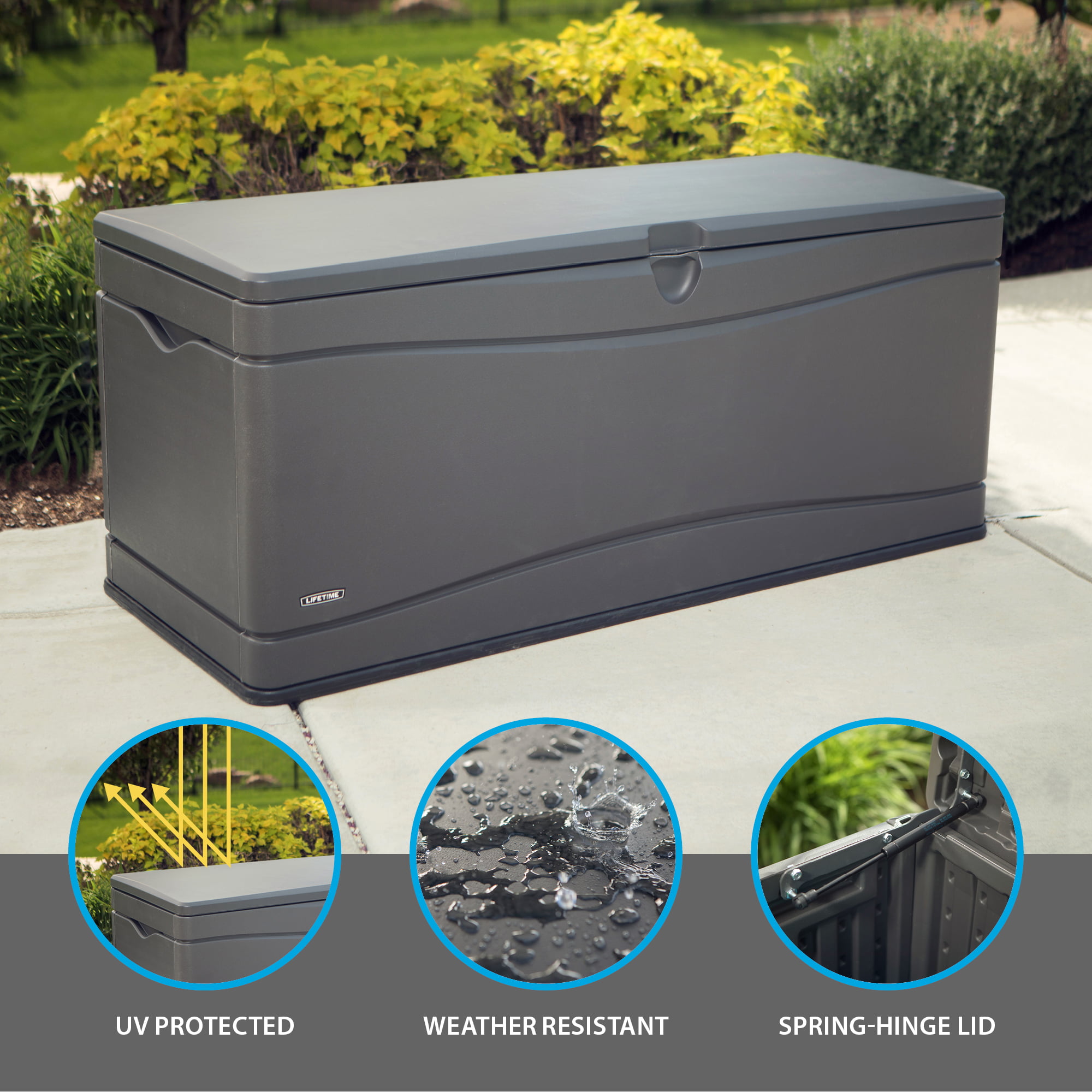 Lifetime Heavy-Duty 130 Gallon Plastic Deck Box. Gray