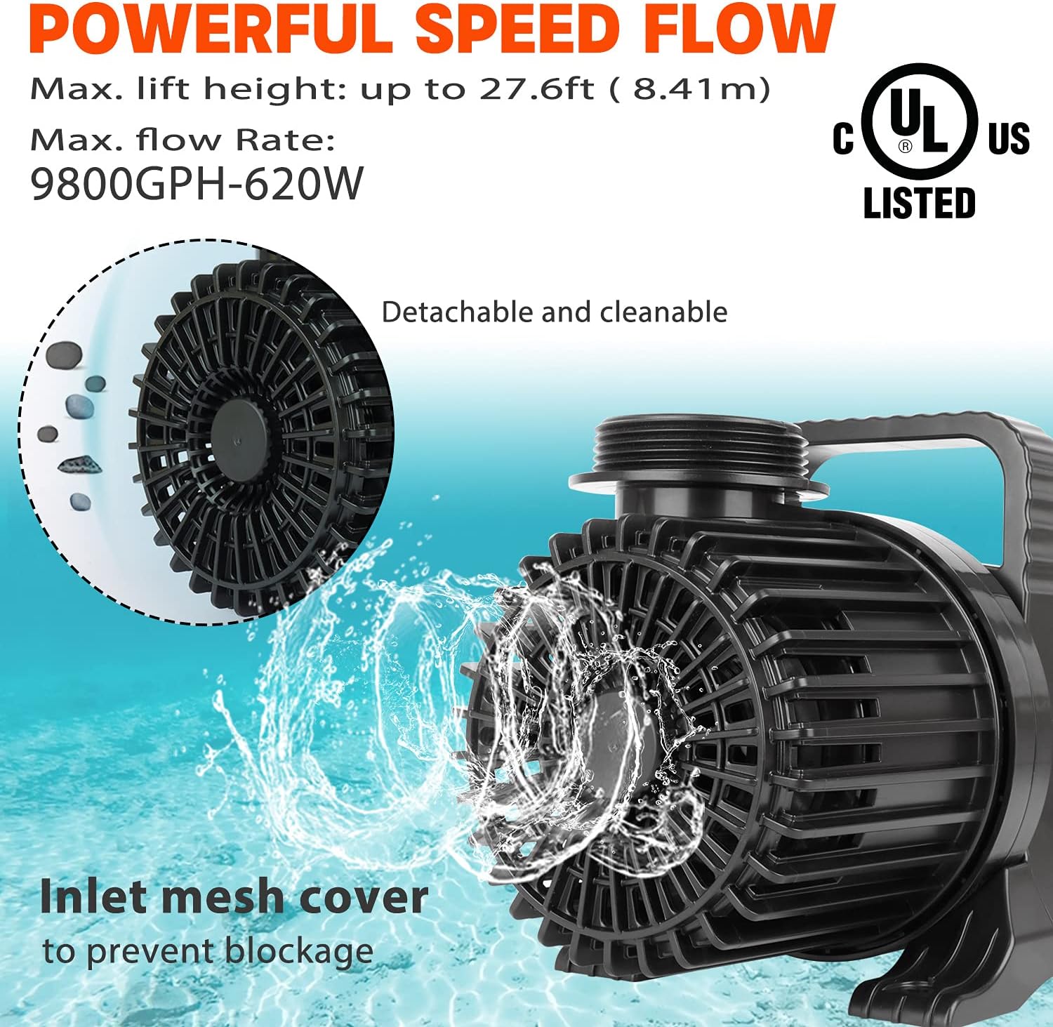 WaterRebirth (9800GPH-620W.UL listed) High Flow Submersible Water Pump - Pond Pump - Submersible Pump - Water Fountain Pump - Aquarium Pump.PS-9800