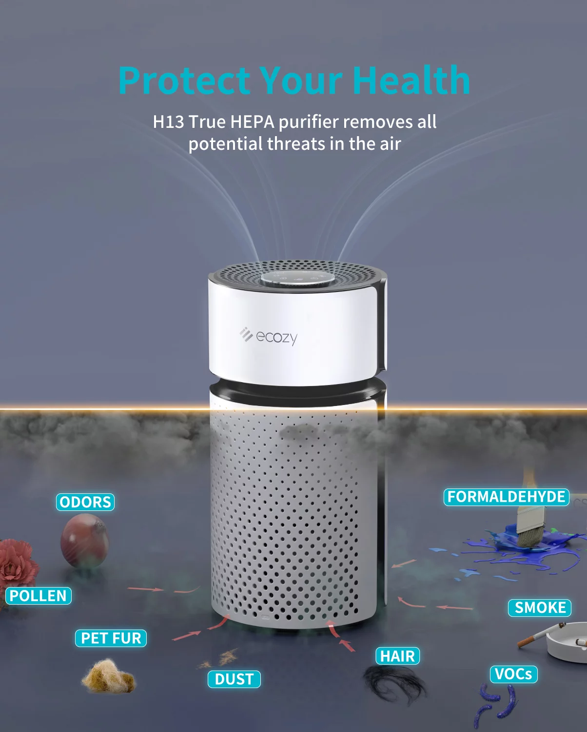 ecozy Air Purifiers for Home Large Room in Bedroom. H13 True HEPA. Portable 21dB Quiet Air Cleaner. White