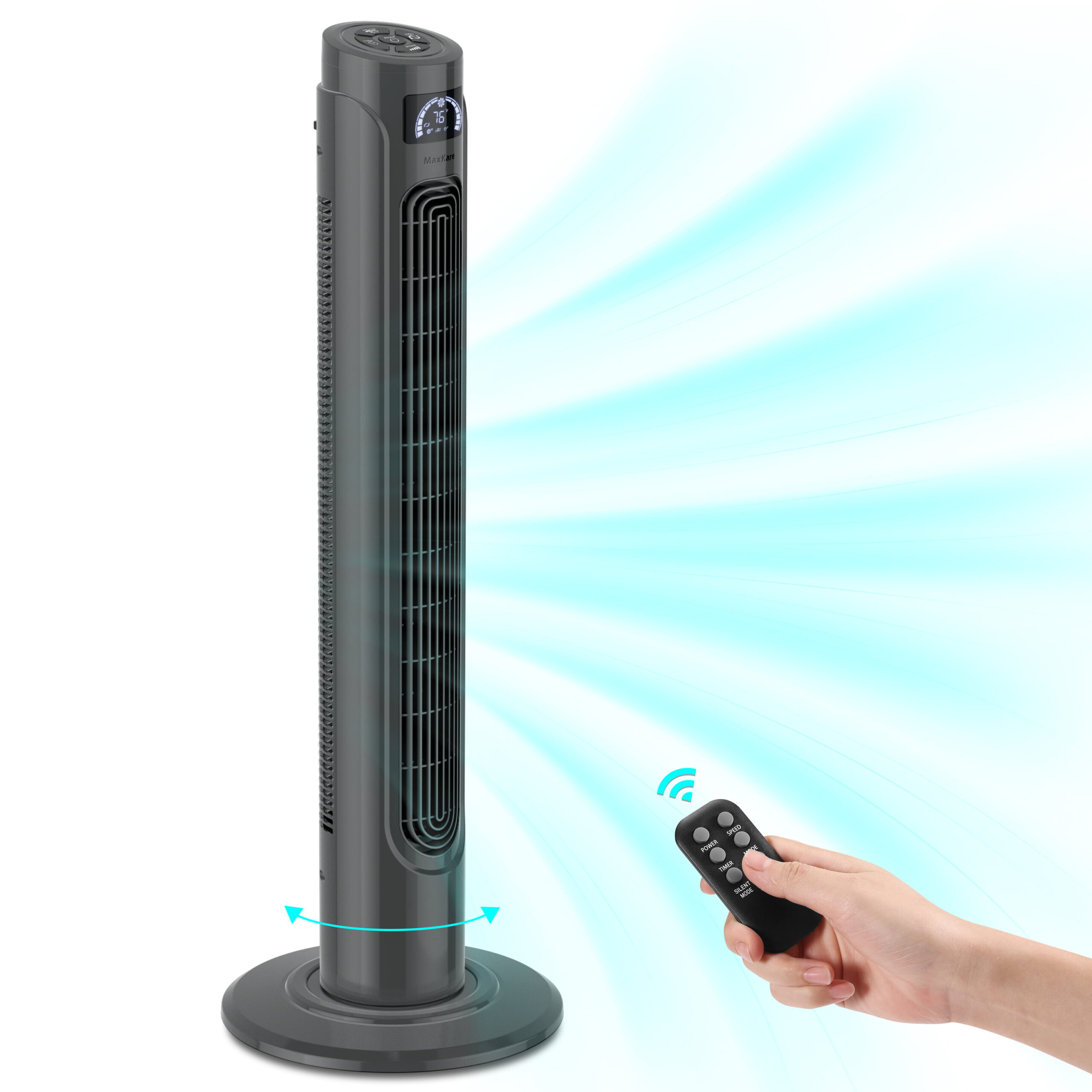 MaxKare 36″ Tower Fan with Remote Controller. 3 Speeds. 3 Modes. 15H Auto-off Timer. 90° Oscillating. LED Display. 60dB Quiet Fan. Grey