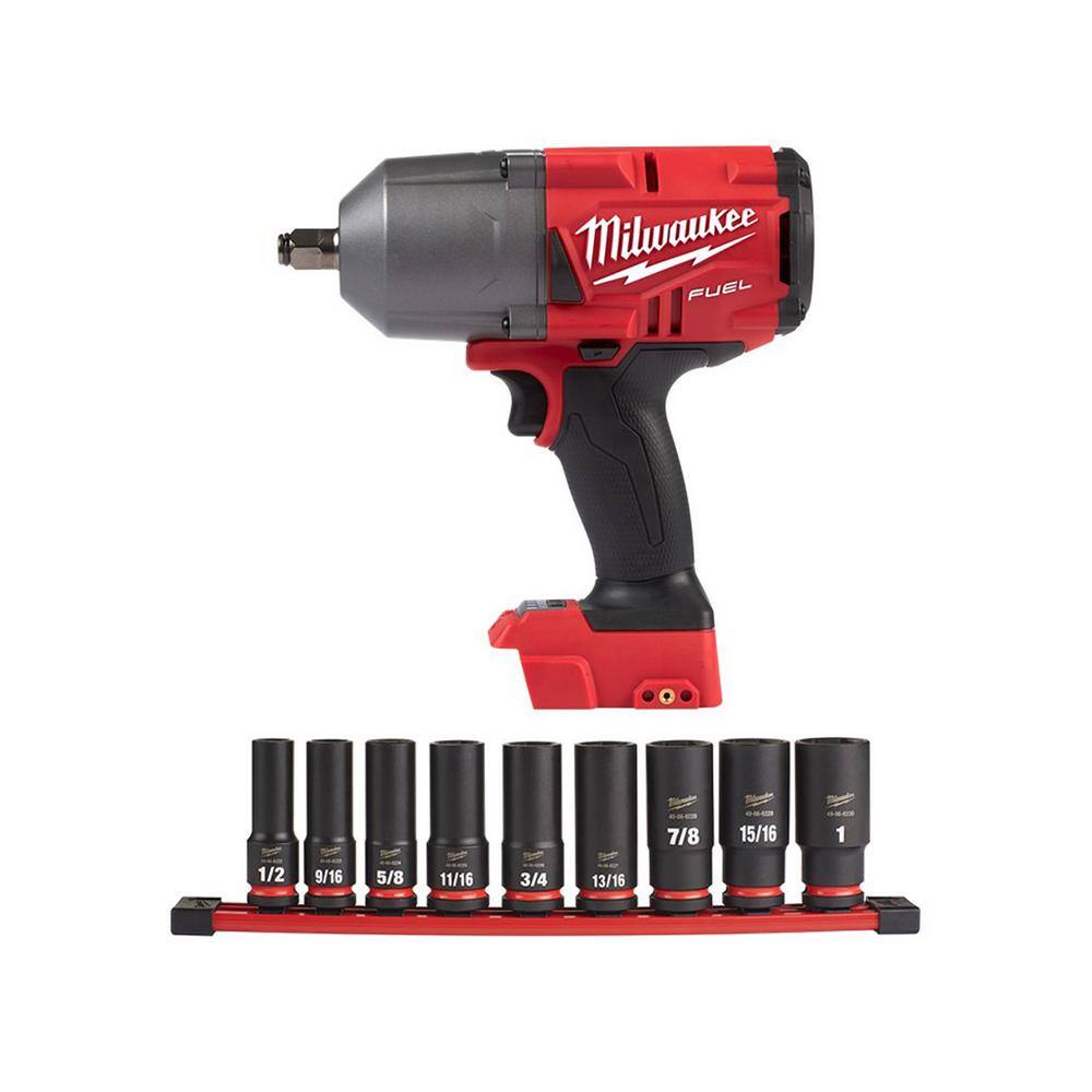 Milwaukee 2767-20-49-66-7022 M18 FUEL 18V Lithium-Ion Brushless Cordless 1/2 in. Impact Wrench with SAE Deep Well Impact Socket Set (9-Piece)