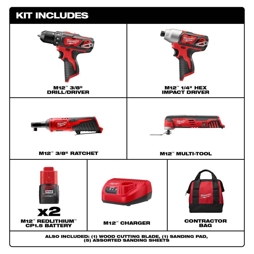 Milwaukee 2494-22-2457-20-2426-20 M12 12V Lithium-Ion Cordless Drill Driver/Impact Driver/Ratchet Combo Kit (3-Tool) with M12 Oscillating Multi-Tool